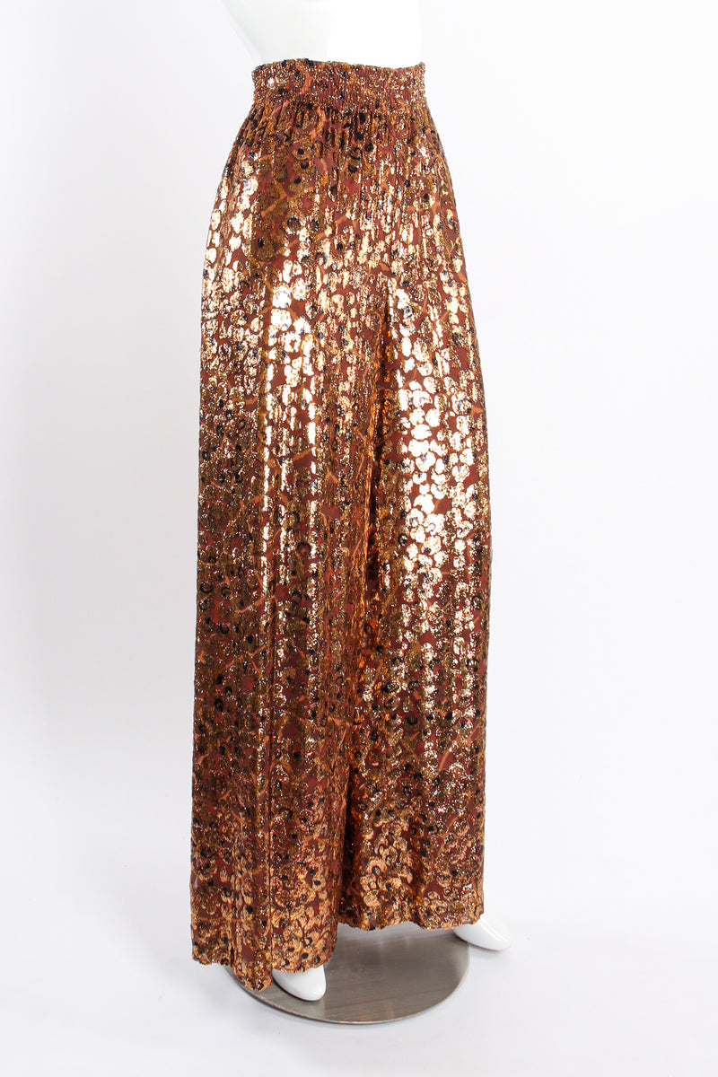 Vintage Escada Metallic Velvet Lamé Burnout Pant on mannequin angle at Recess Los Angeles