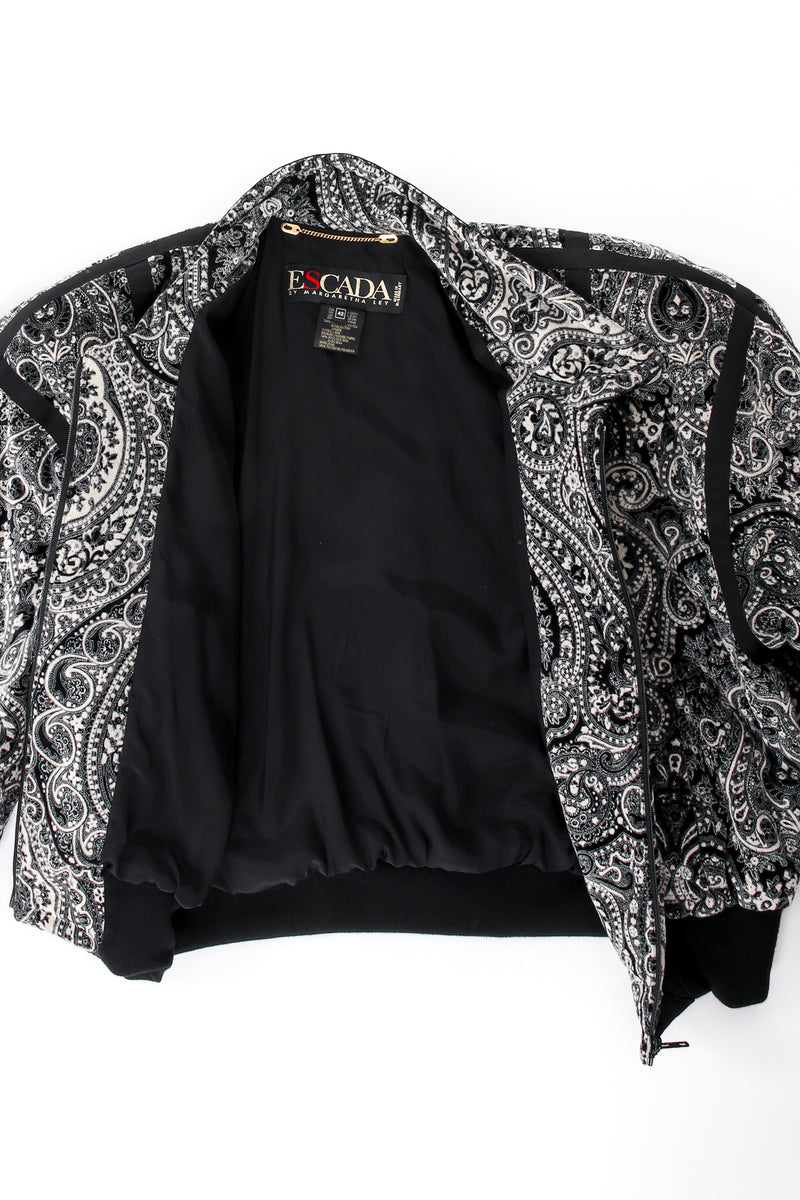 Vintage Escada Paisley Quilted Velvet Bomber Jacket flat open at Recess Los Angeles