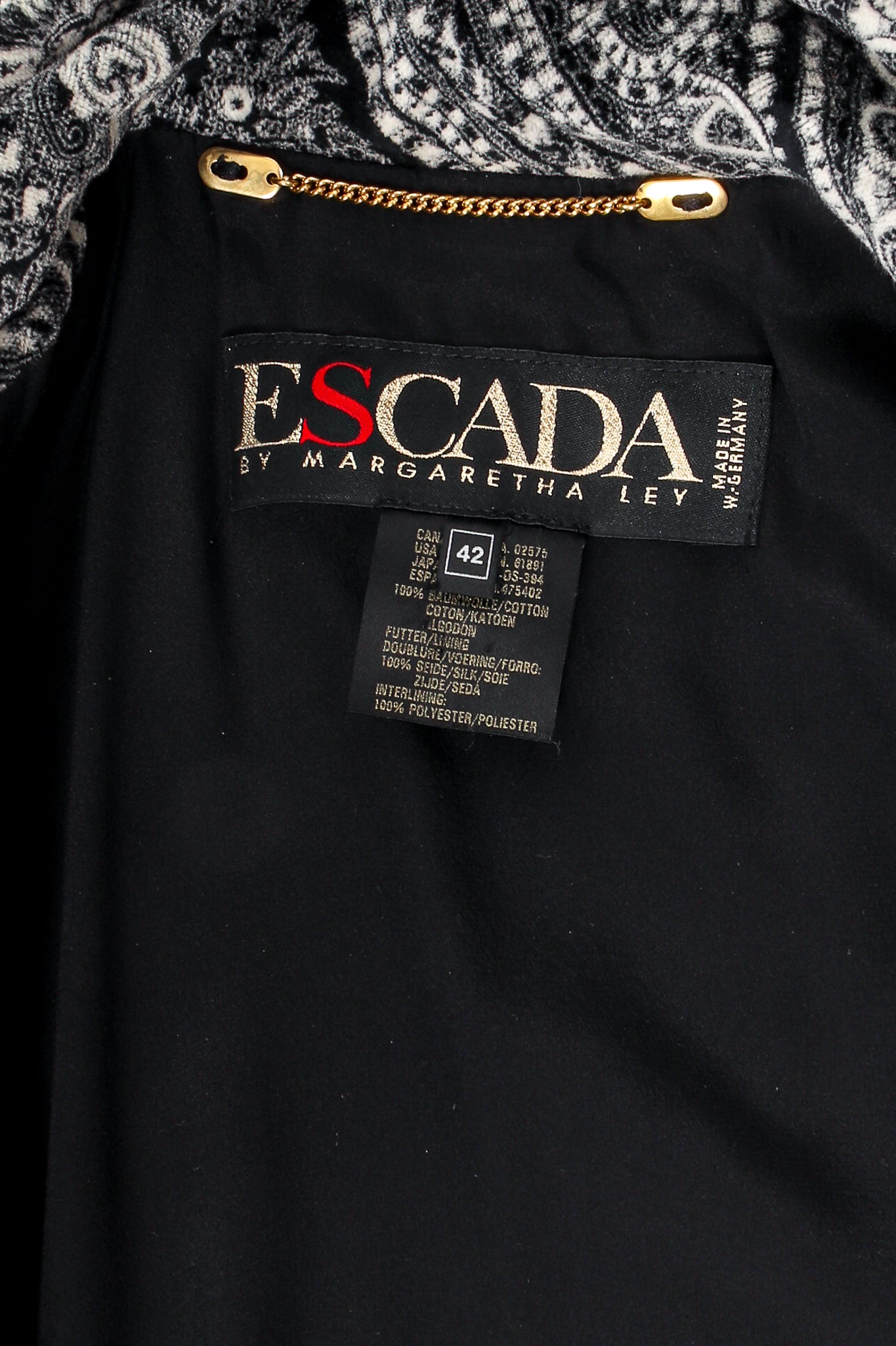 Vintage Escada Paisley Quilted Velvet Bomber Jacket label at Recess Los Angeles