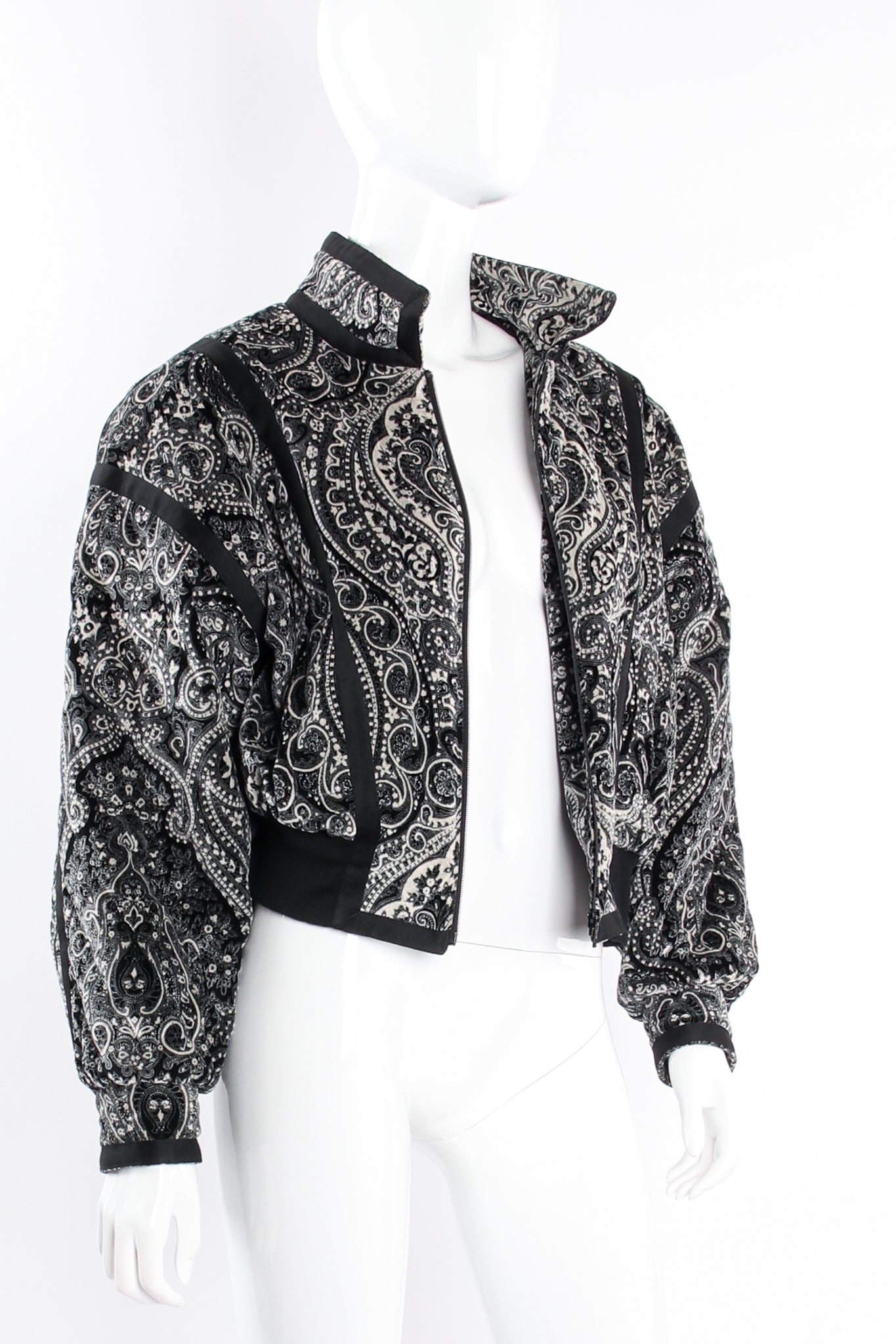 Vintage Escada Paisley Quilted Velvet Bomber Jacket on Mannequin open at Recess Los Angeles