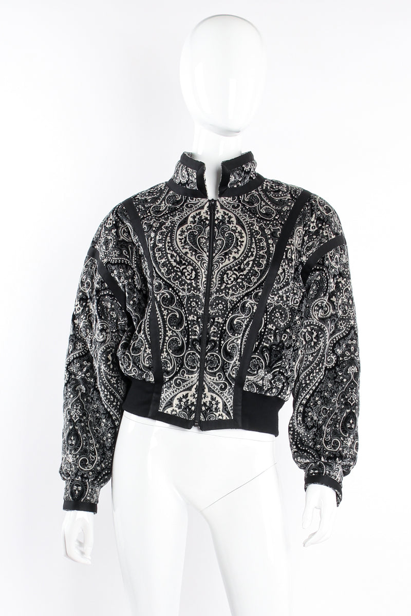 Vintage Escada Paisley Quilted Velvet Bomber Jacket on Mannequin front at Recess Los Angeles