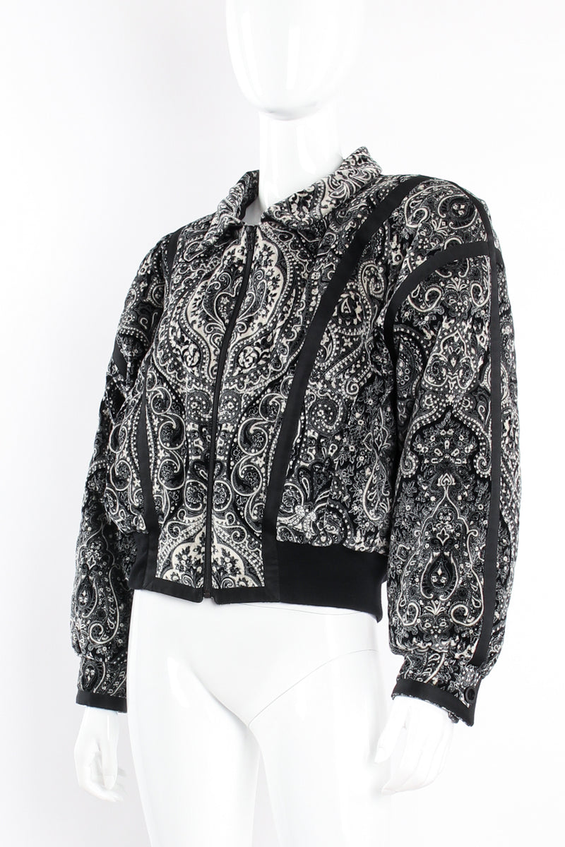 Vintage Escada Paisley Quilted Velvet Bomber Jacket on Mannequin angle at Recess Los Angeles