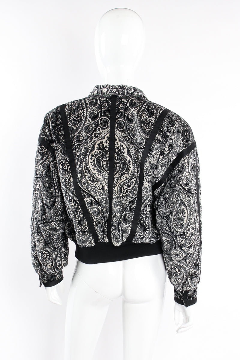 Vintage Escada Paisley Quilted Velvet Bomber Jacket on Mannequin back at Recess Los Angeles