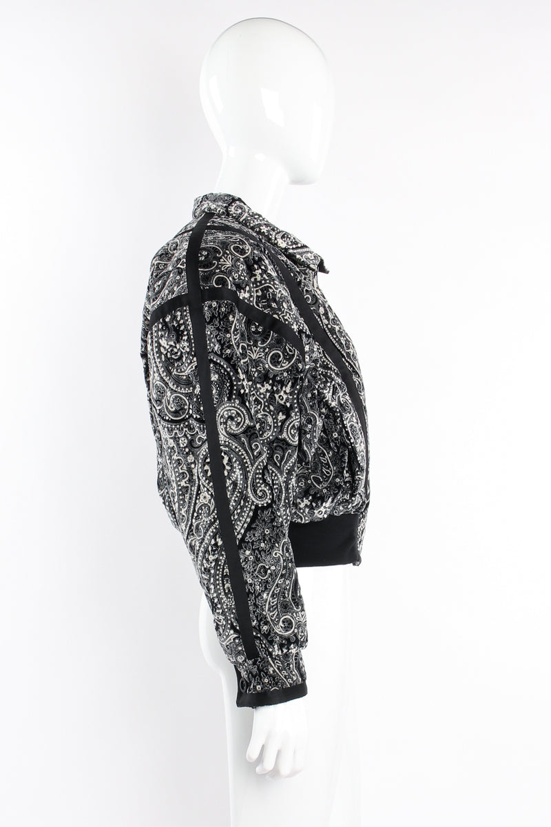 Vintage Escada Paisley Quilted Velvet Bomber Jacket on Mannequin side at Recess Los Angeles