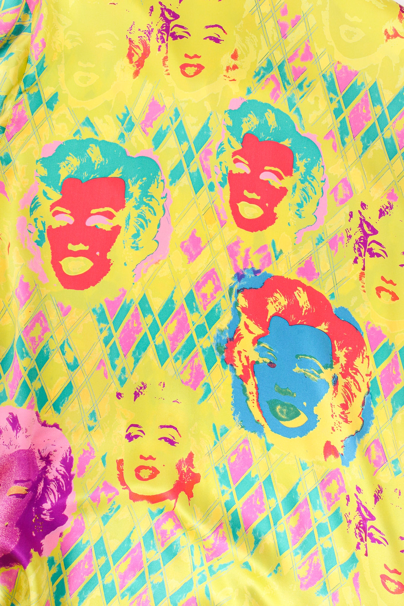 Vintage Escada Marilyn Monroe Silk Pop Art Shirt fabric detail faces at Recess Los Angeles