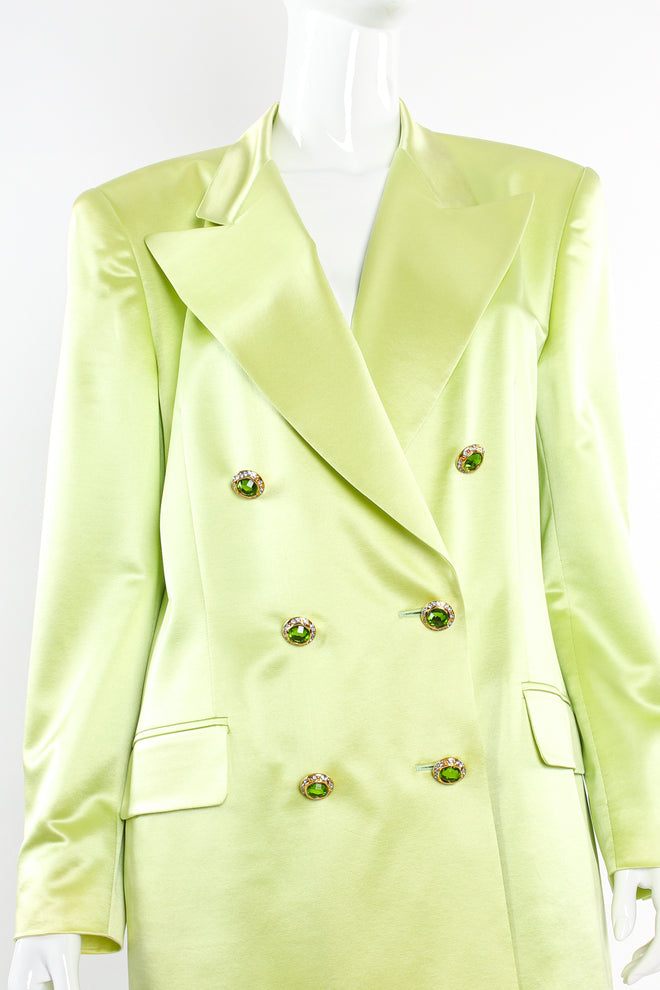 Vintage Escada Satin Double Breasted Skirt Suit on mannequin front crop at Recess Los Angeles
