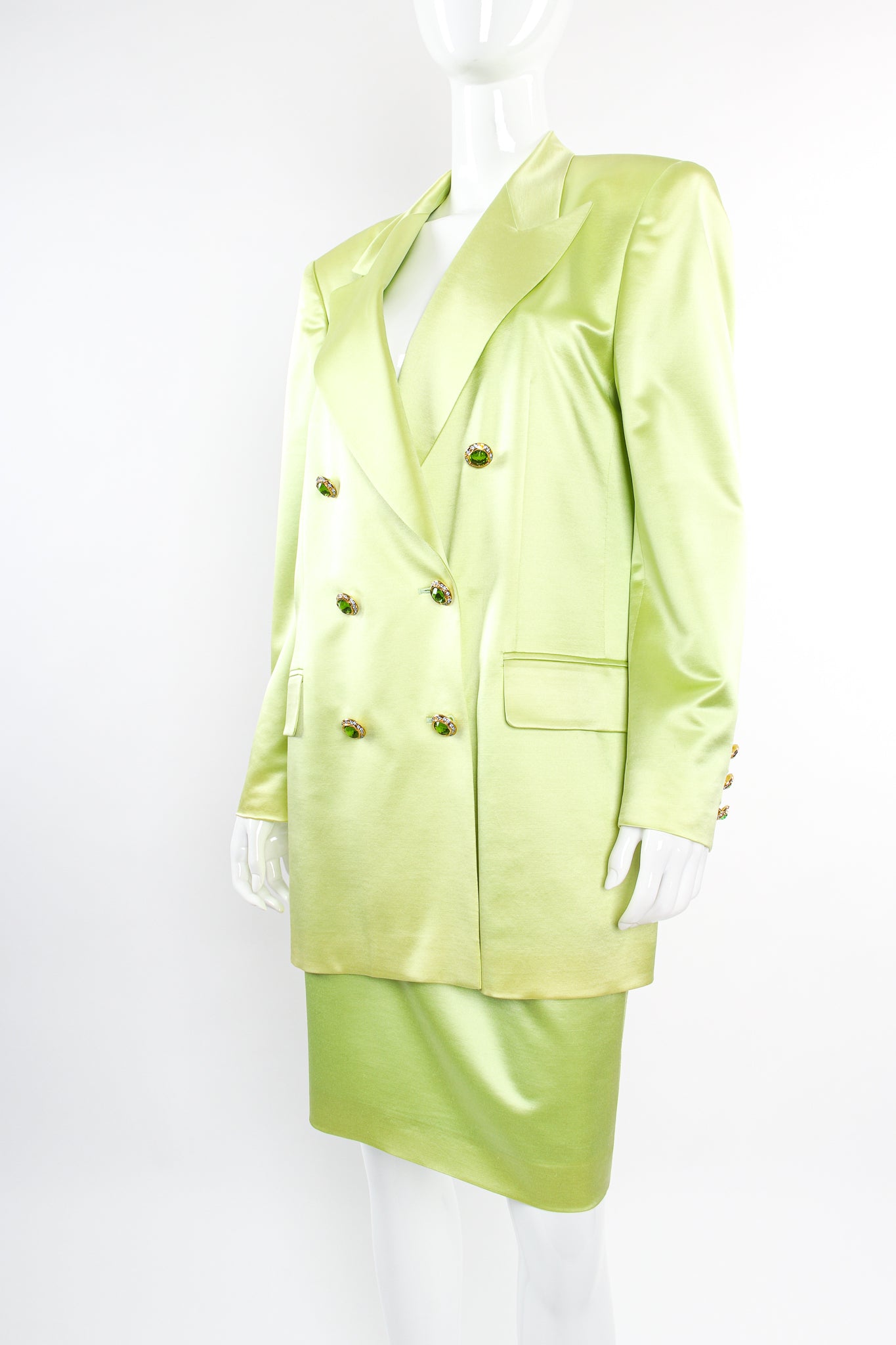 Vintage Escada Satin Double Breasted Skirt Suit on mannequin front angle at Recess LA