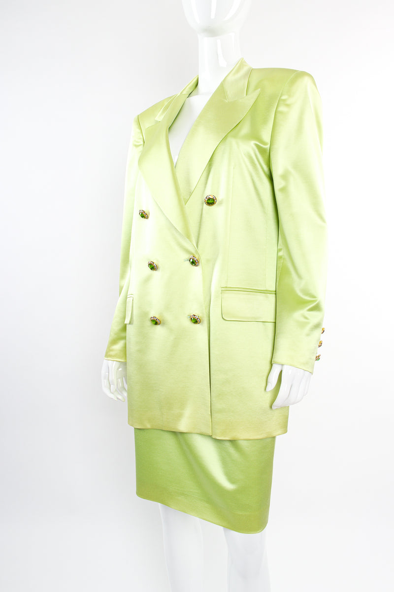 Vintage Escada Satin Double Breasted Skirt Suit on mannequin front angle at Recess LA