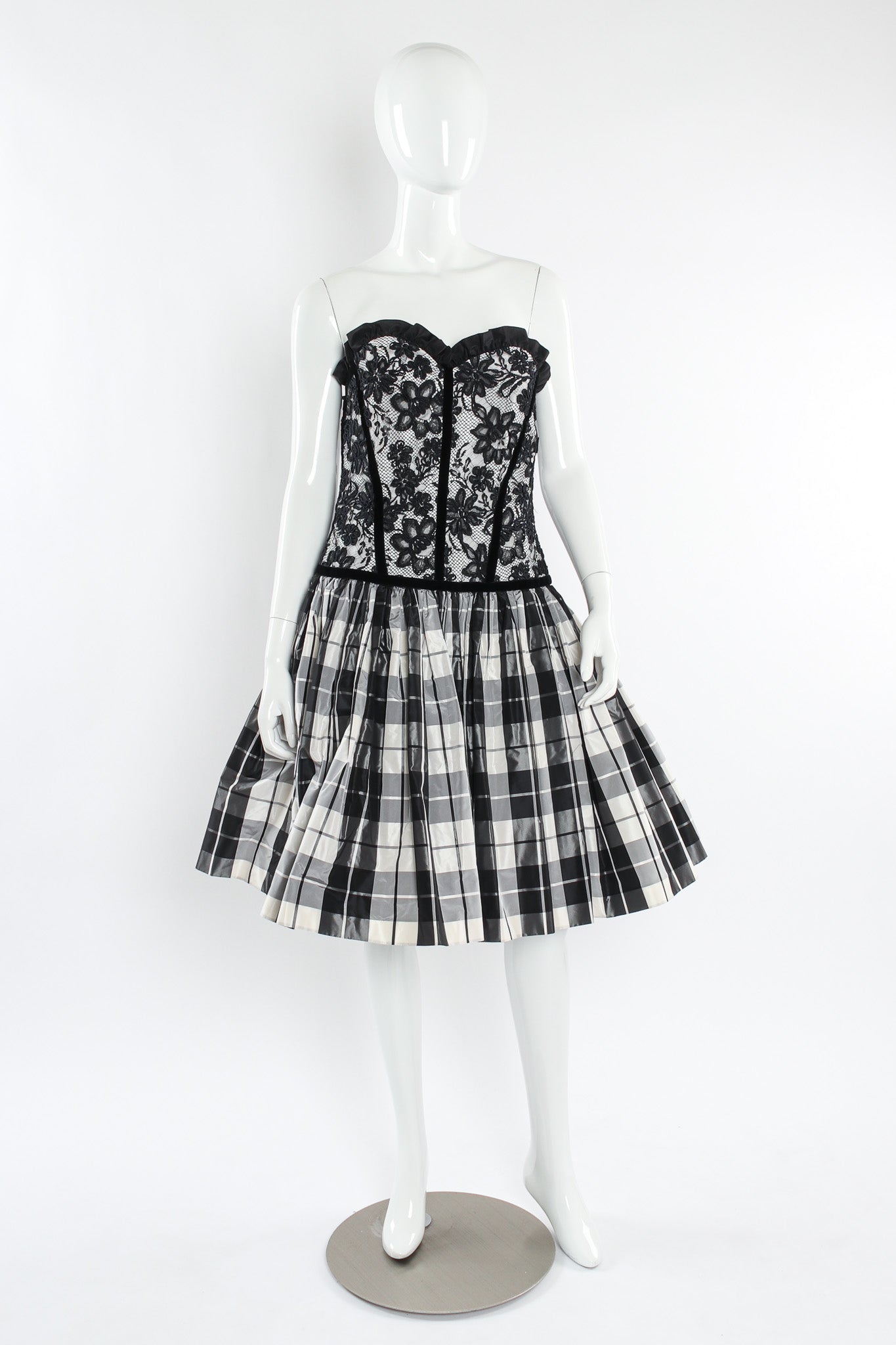 Vintage Escada Lace Checkered Silk Taffeta Dress mannequin front @ Recess LA