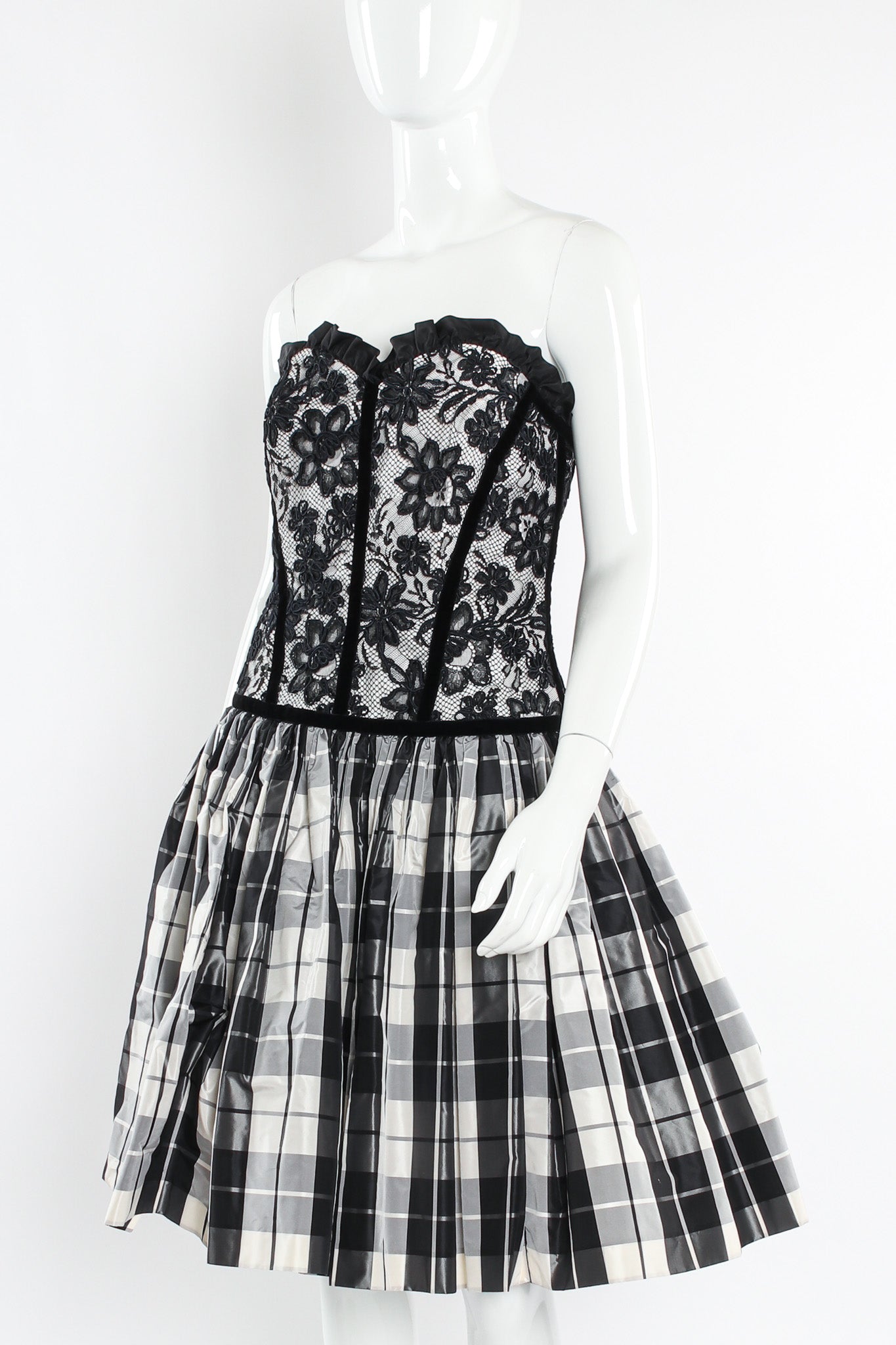 Vintage Escada Lace Checkered Silk Taffeta Dress mannequin front angle @ Recess LA