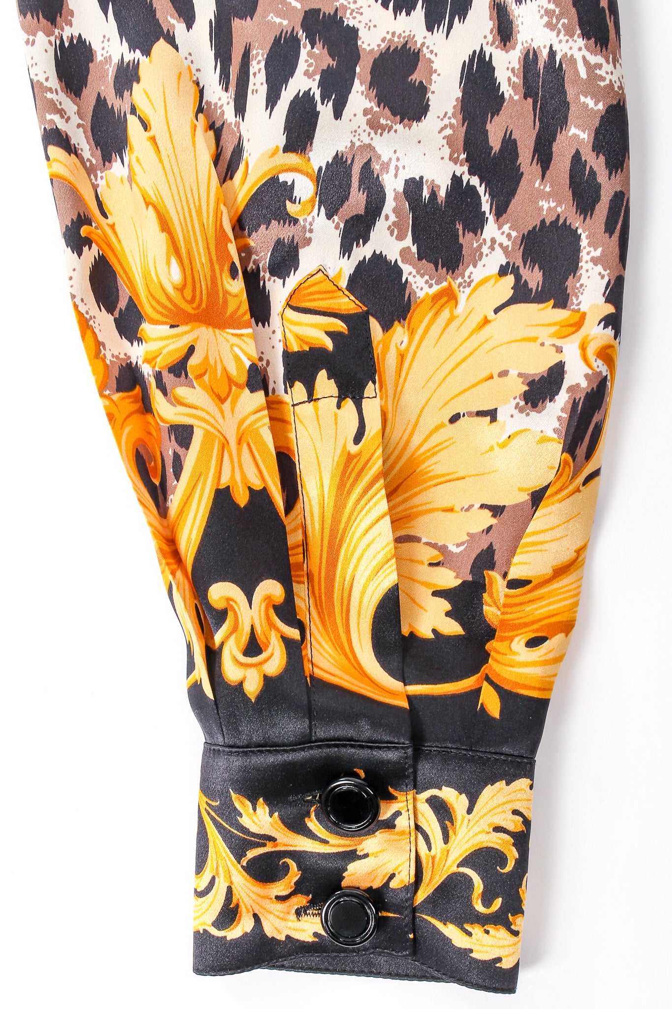 Vintage Escada Baroque Lion Cheetah Print Mock Neck Blouse sleeve at Recess Los Angeles