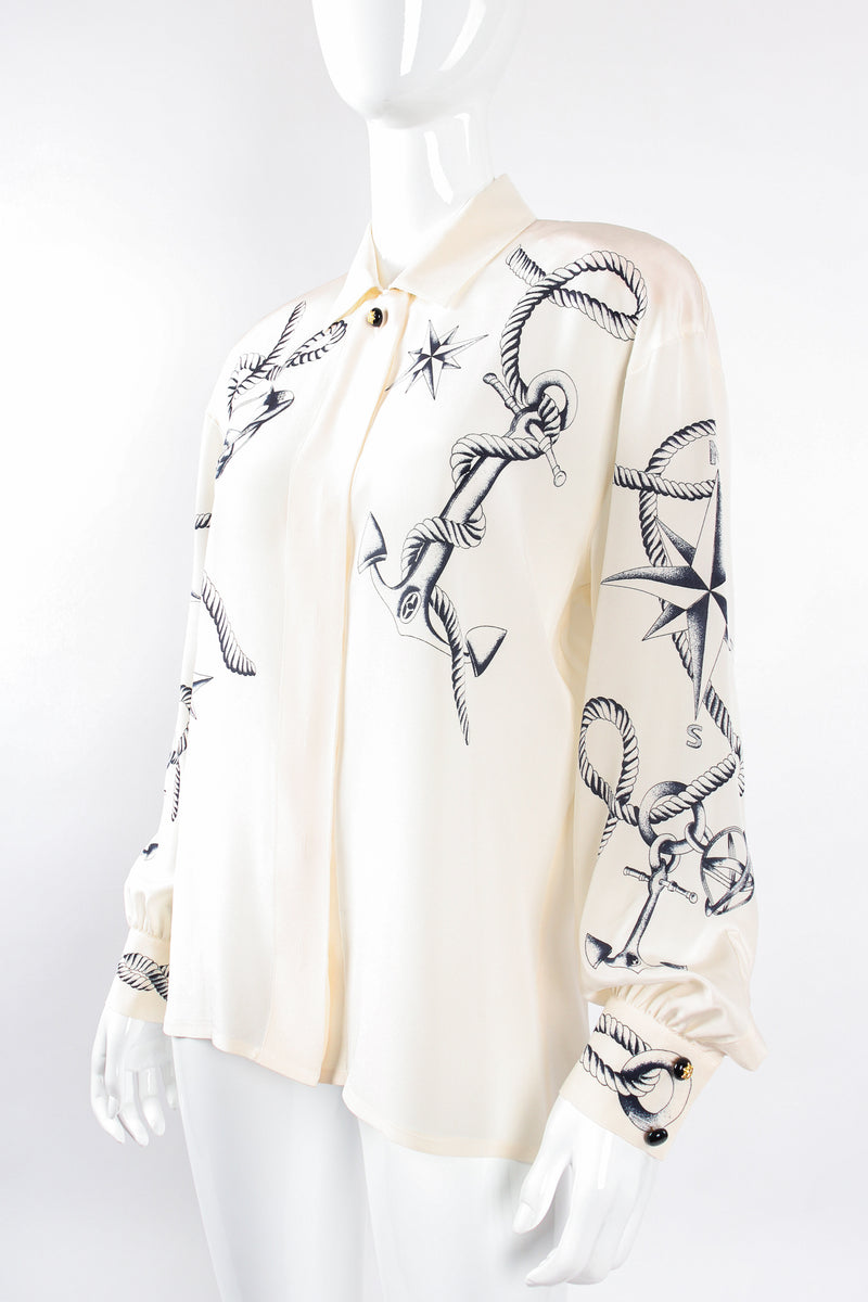Vintage Escada Compass Star Nautical Satin Shirt on Mannequin angle at Recess Los Angeles