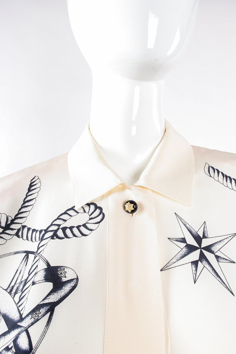 Vintage Escada Compass Star Nautical Satin Shirt on Mannequin collar at Recess Los Angeles