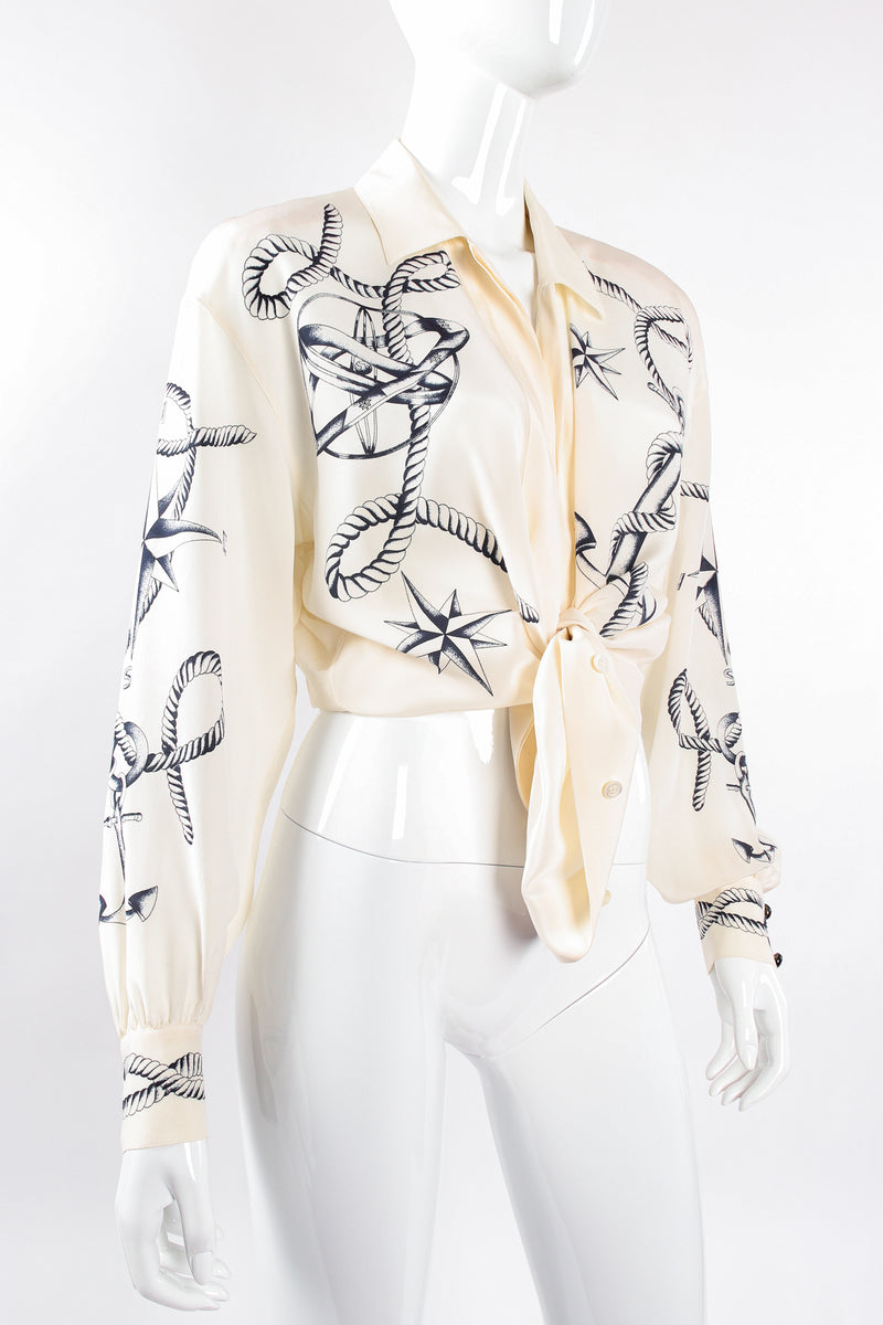 Vintage Escada Compass Star Nautical Satin Shirt on Mannequin tied at Recess Los Angeles