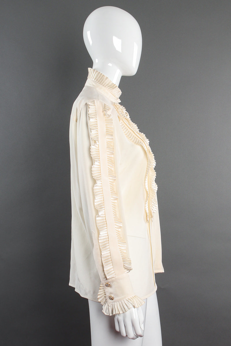 Vintage Escada Pleated Ruffle Tuxedo Blouse on Mannequin side at Recess Los Angeles