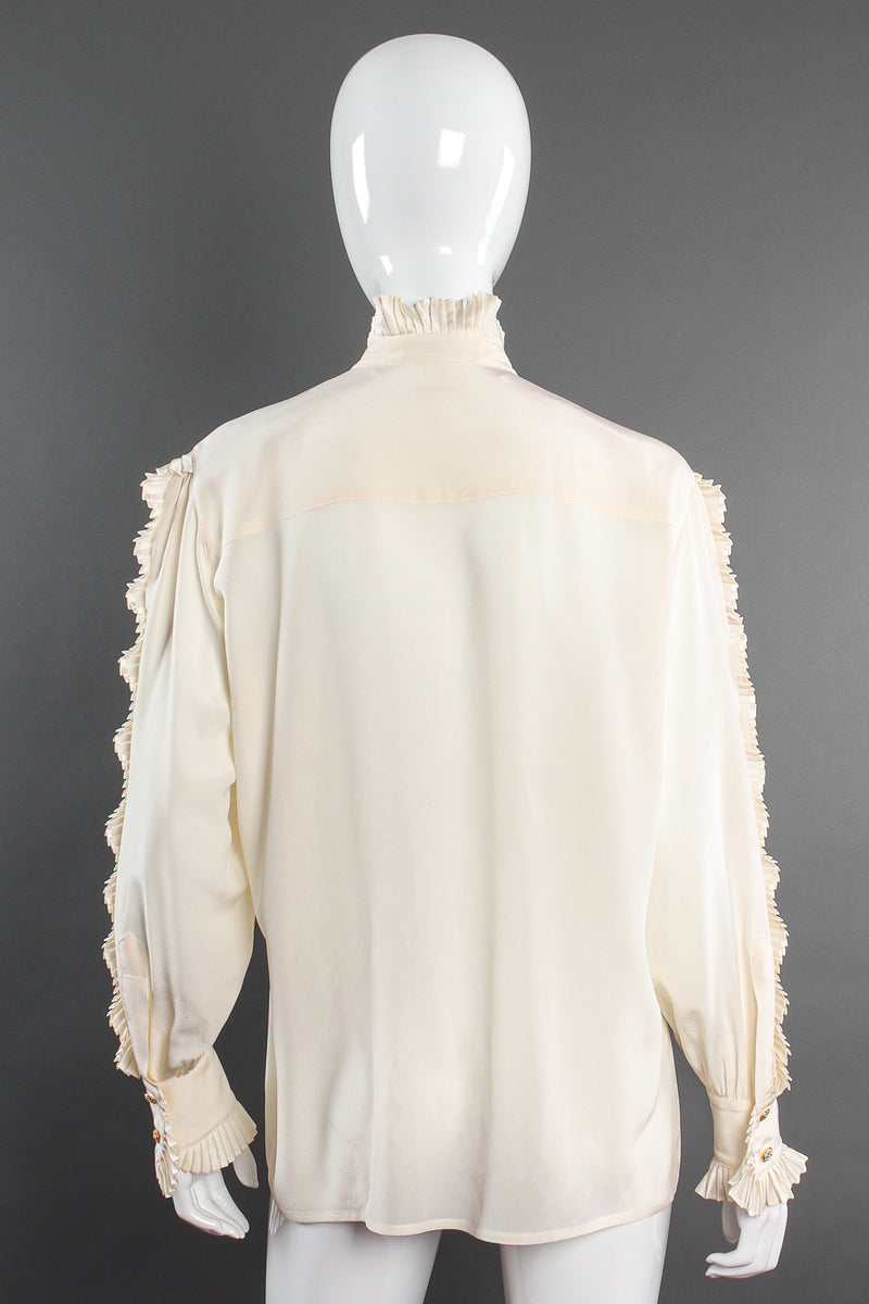Vintage Escada Pleated Ruffle Tuxedo Blouse on Mannequin back at Recess Los Angeles