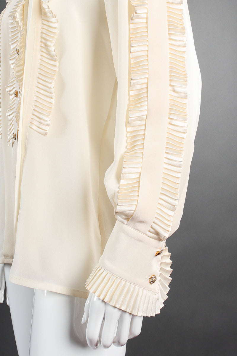 Vintage Escada Pleated Ruffle Tuxedo Blouse on Mannequin sleeve at Recess Los Angeles