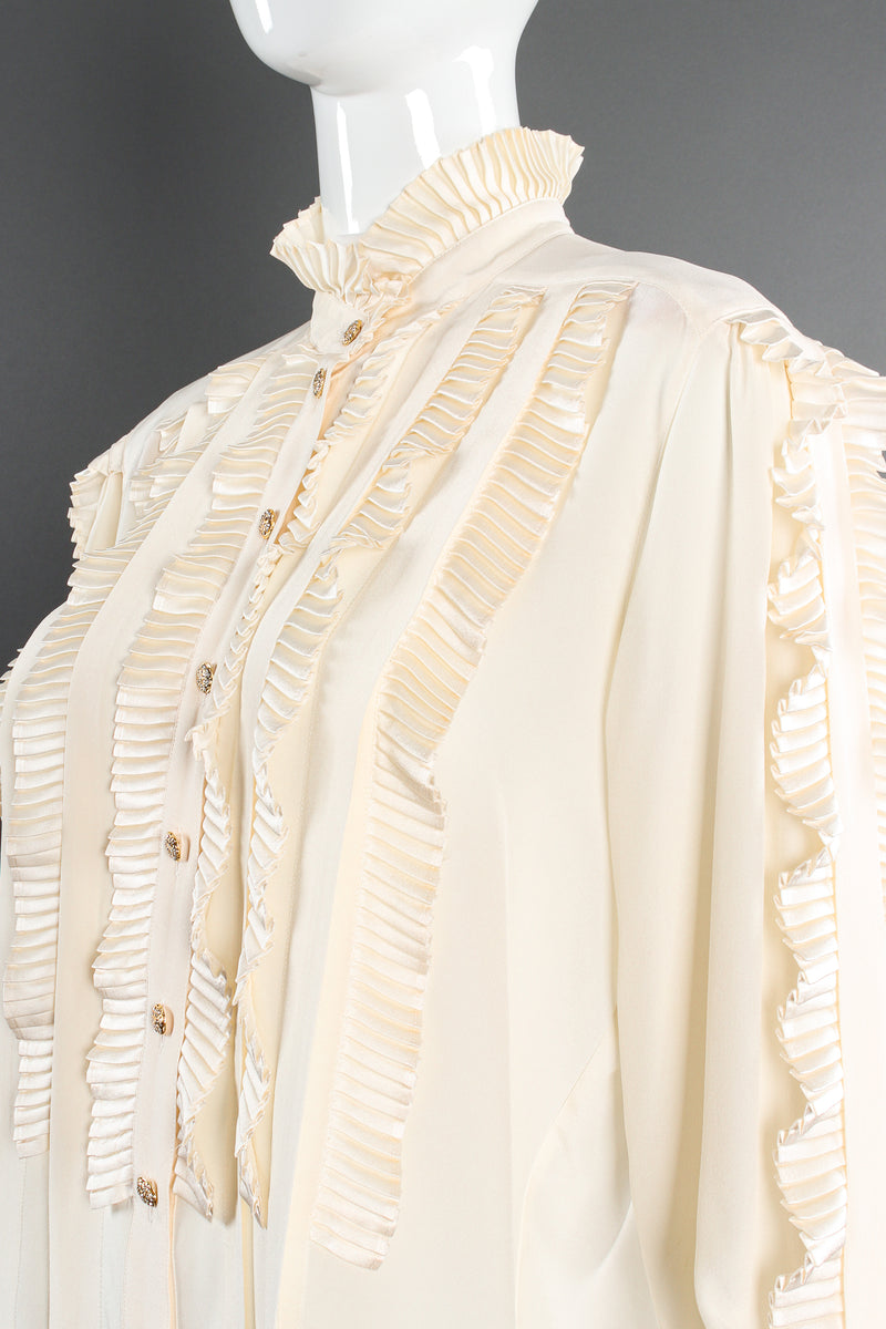 Vintage Escada Pleated Ruffle Tuxedo Blouse on Mannequin bust at Recess Los Angeles