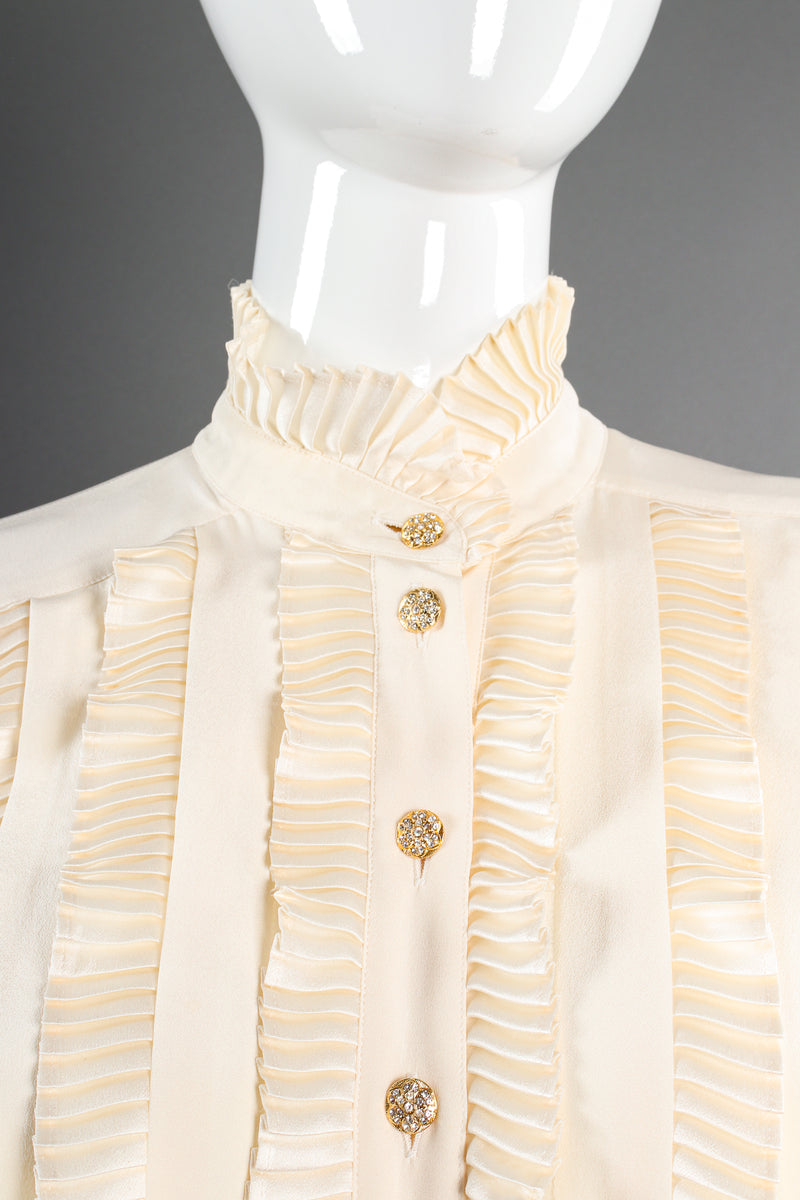 Vintage Escada Pleated Ruffle Tuxedo Blouse on Mannequin collar at Recess Los Angeles