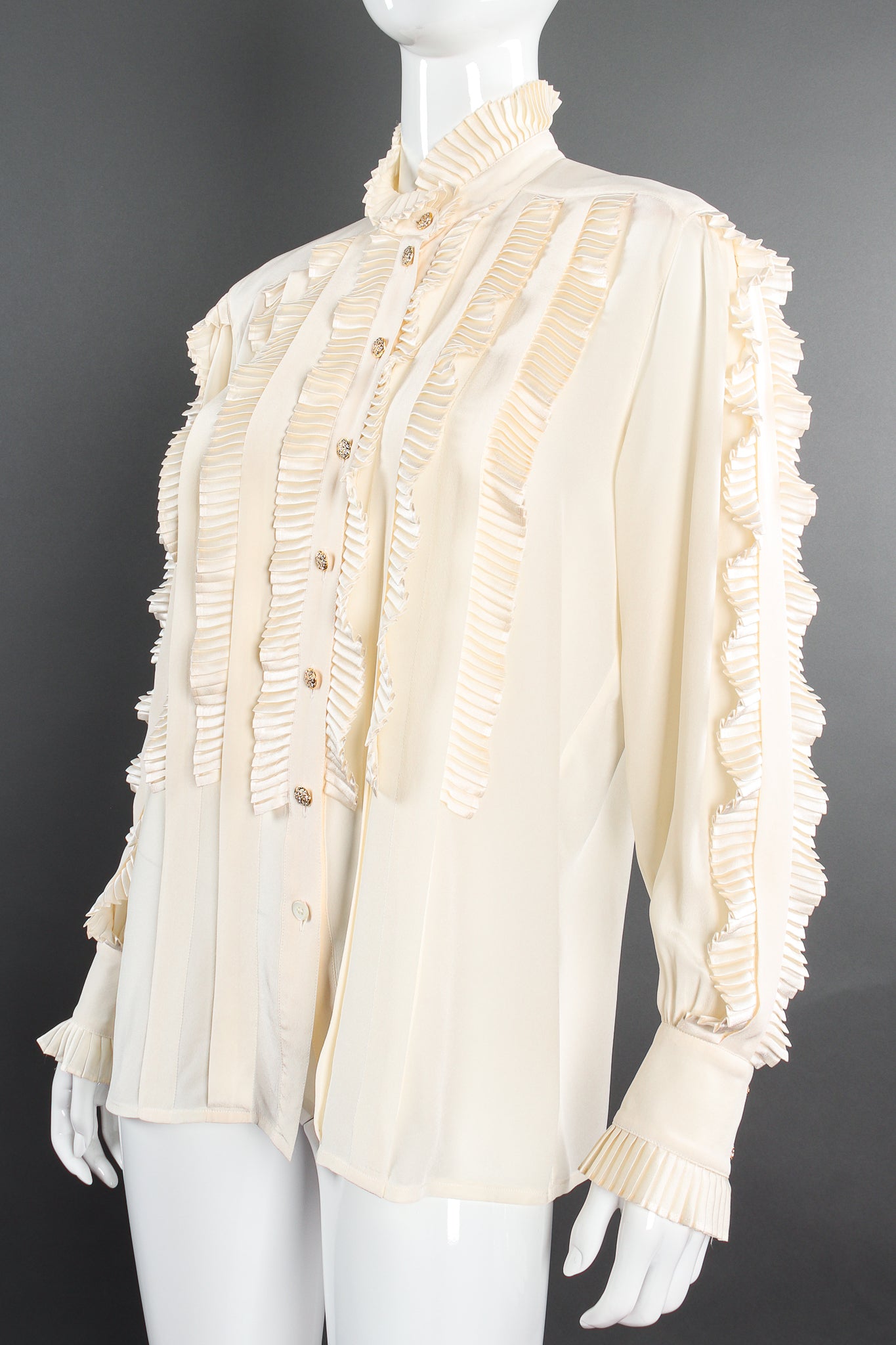 Vintage Escada Pleated Ruffle Tuxedo Blouse on Mannequin angle at Recess Los Angeles