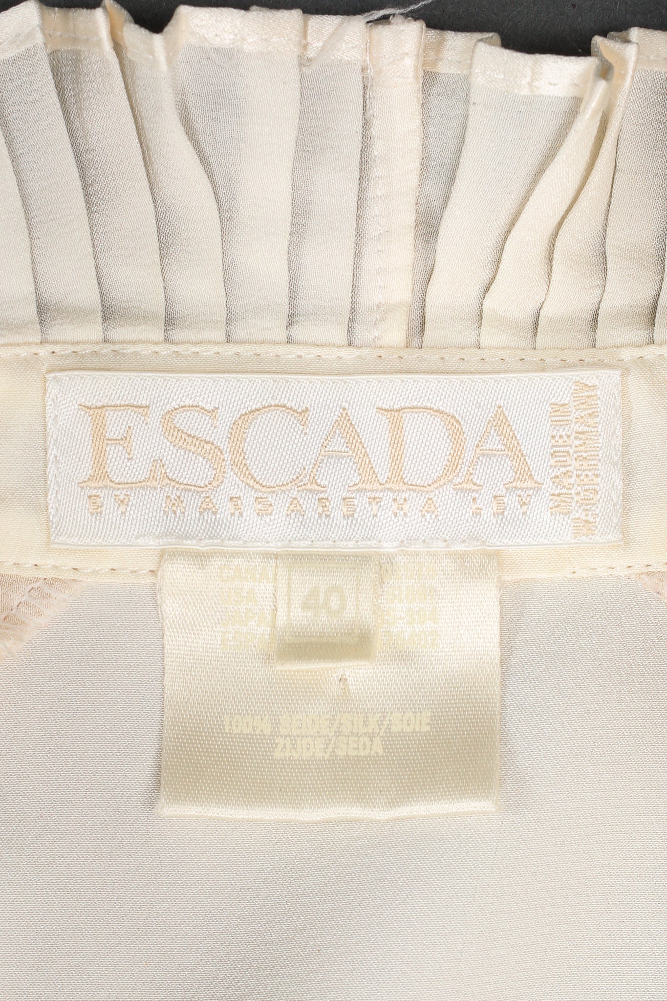 Vintage Escada Pleated Ruffle Tuxedo Blouse label at Recess Los Angeles