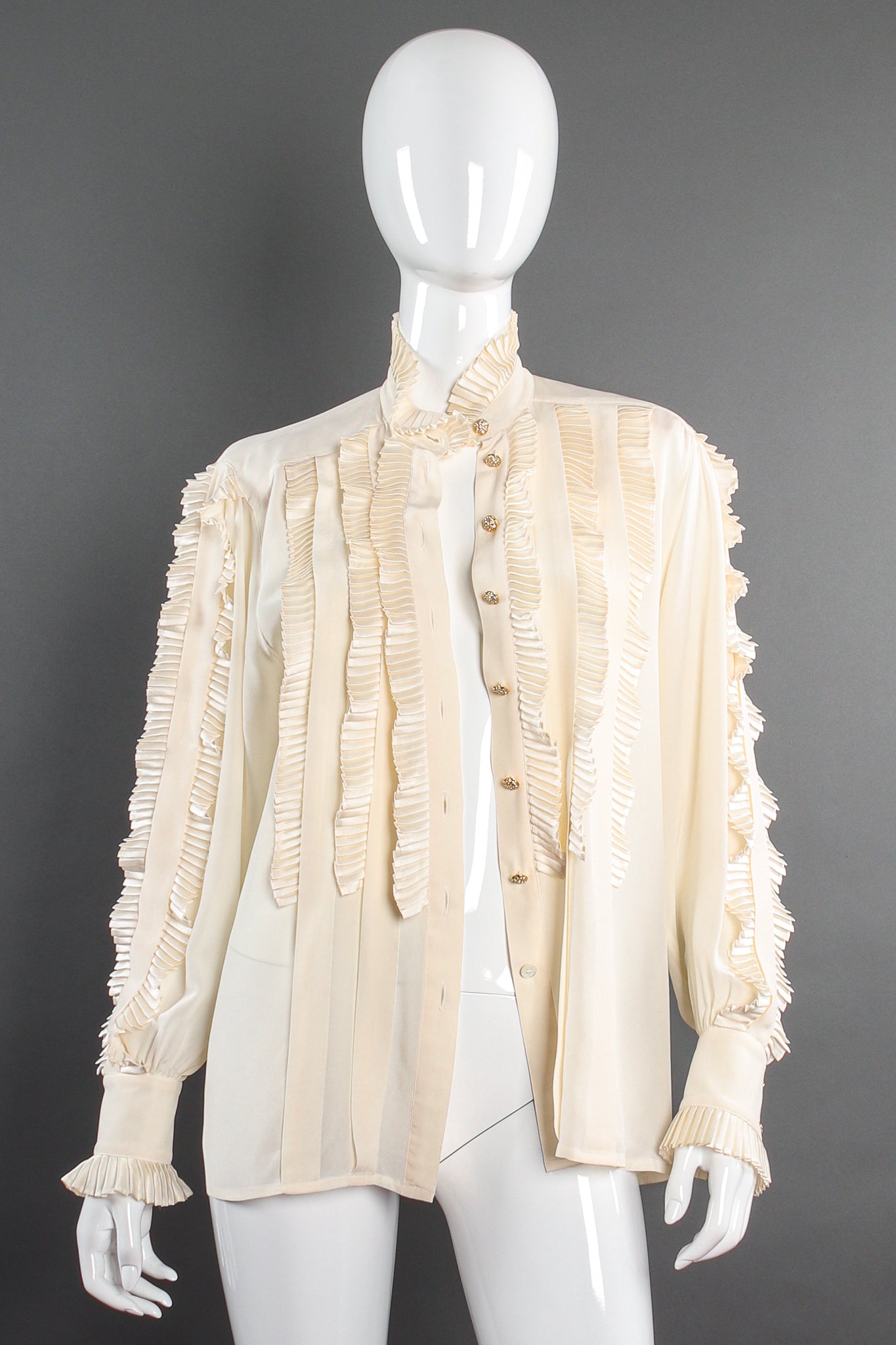 Vintage Escada Pleated Ruffle Tuxedo Blouse on Mannequin open at Recess Los Angeles