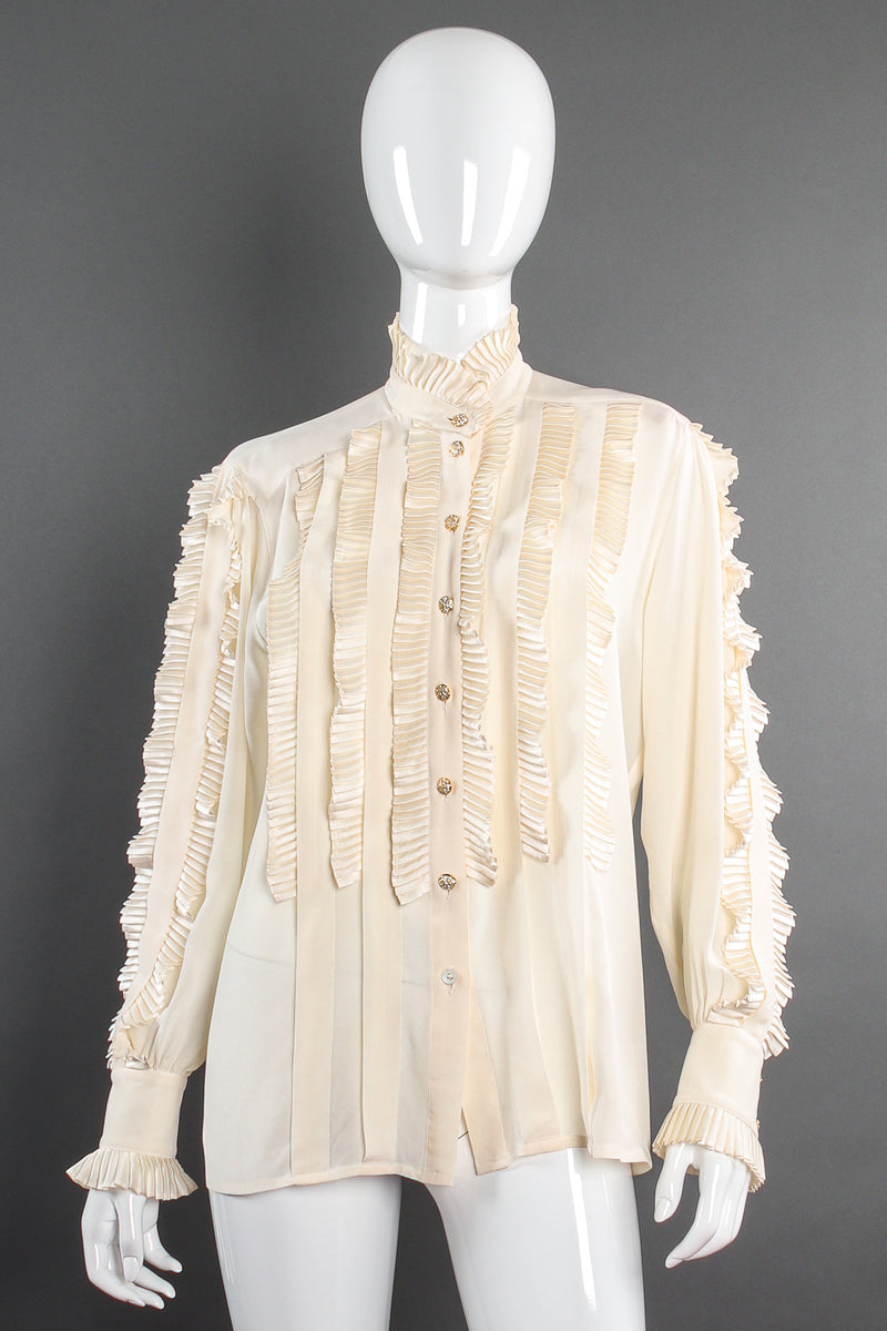 Vintage Escada Pleated Ruffle Tuxedo Blouse on Mannequin front at Recess Los Angeles