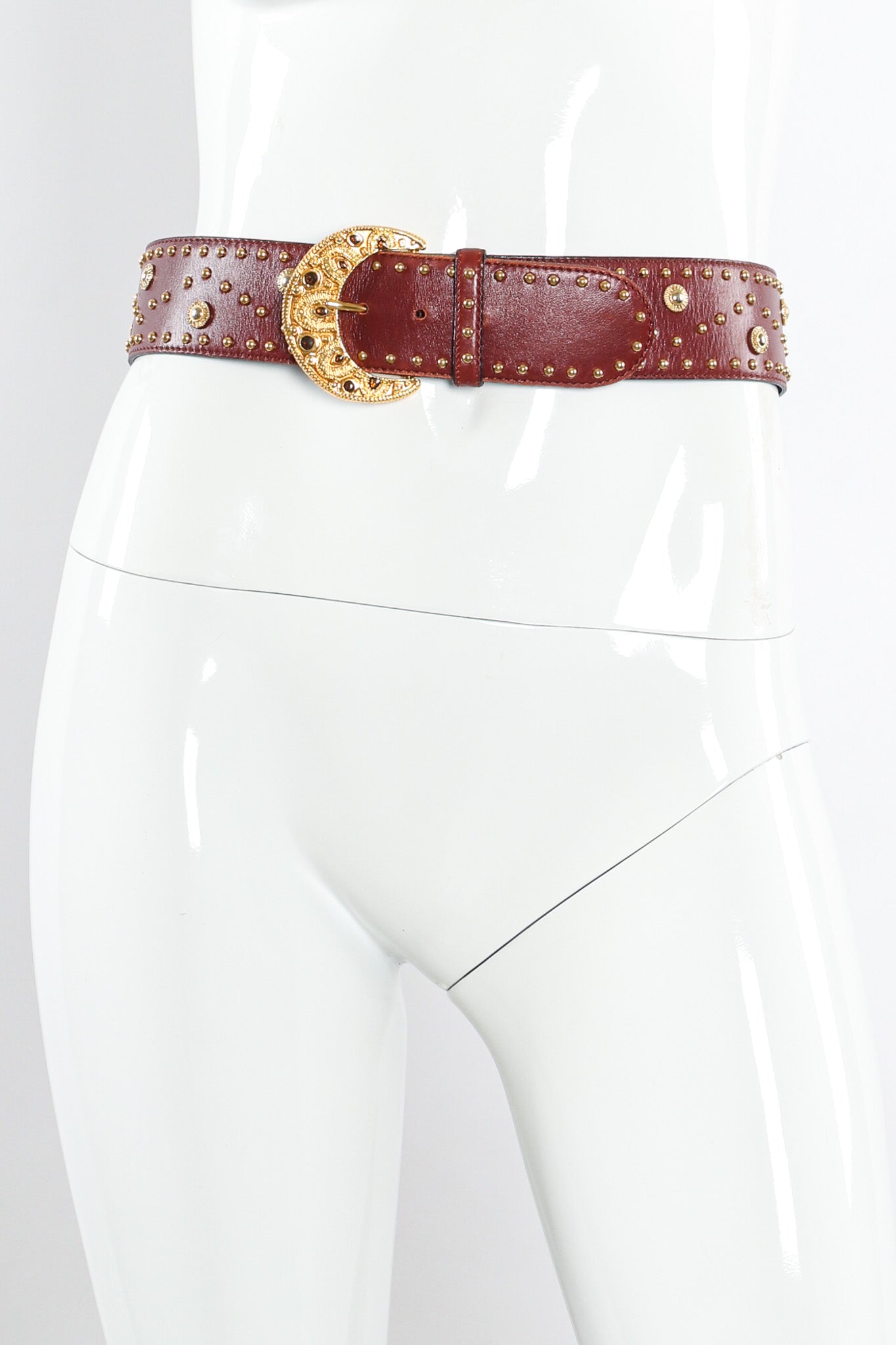 Wide cinnamon brown leather belt with gold sunshine studs by Escada on mannequin @recessla