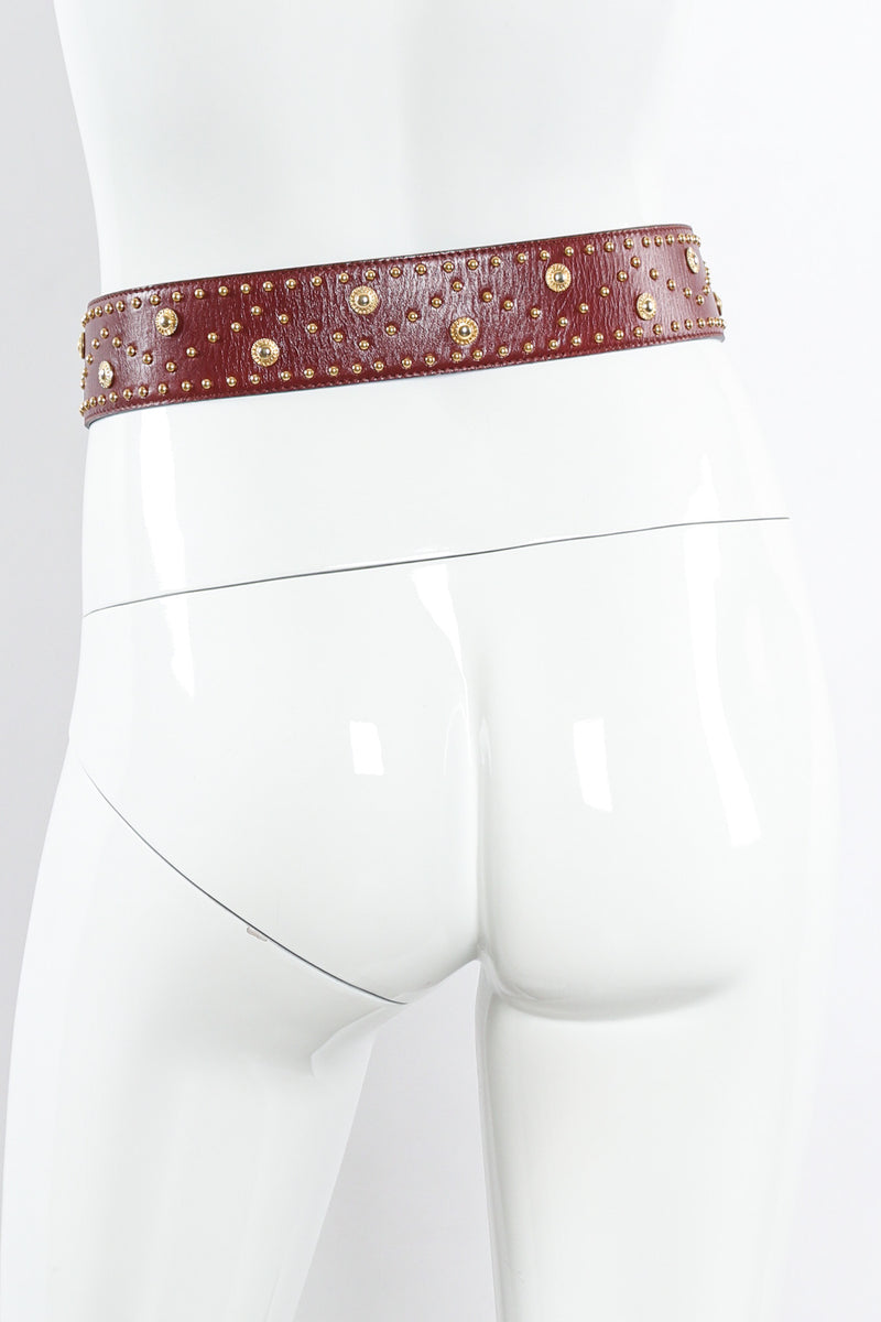 Wide cinnamon brown leather belt with gold sunshine studs by Escada back mannequin @recessla