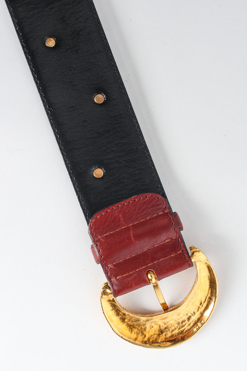 Wide cinnamon brown leather belt with gold sunshine studs by Escada back of buckle  @recessla