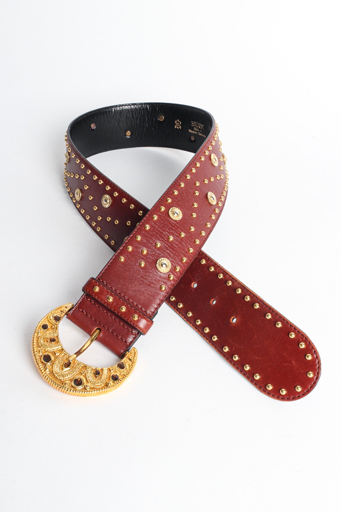 Wide cinnamon brown leather belt with gold sunshine studs by Escada loop flat lay @recessla