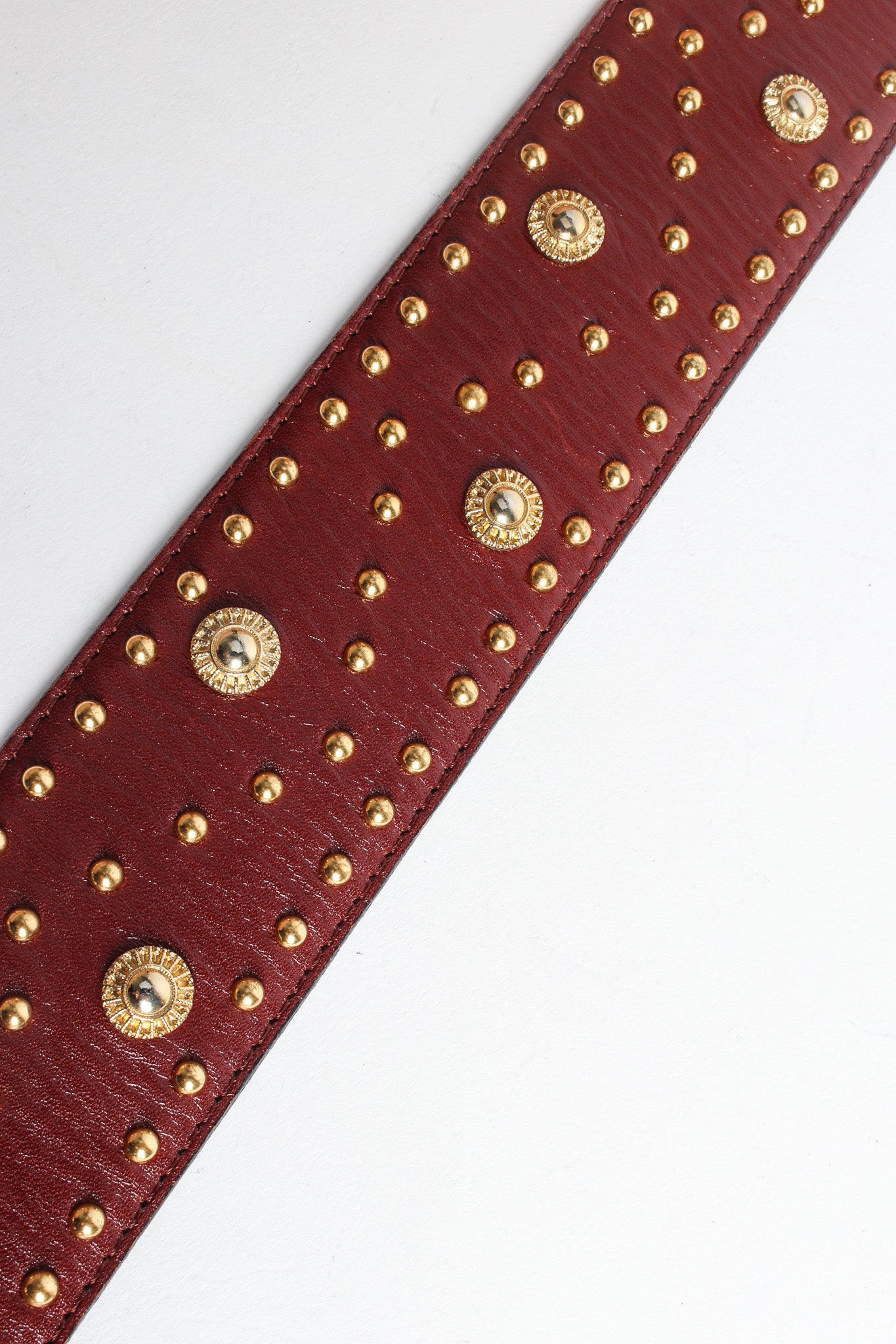 Wide cinnamon brown leather belt with gold sunshine studs by Escada studs close up @recessla