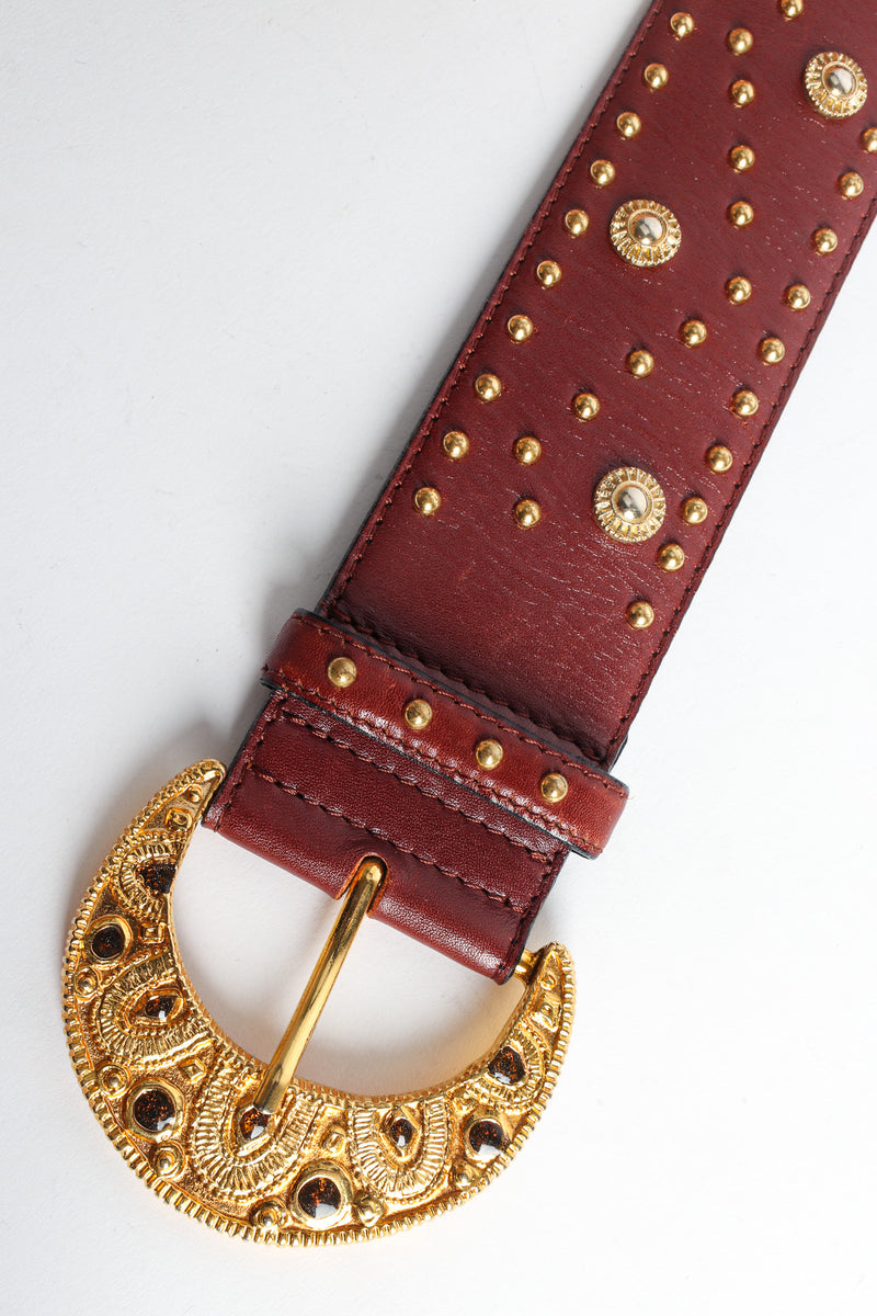 Wide cinnamon brown leather belt with gold sunshine studs by Escada buckle close up @recessla