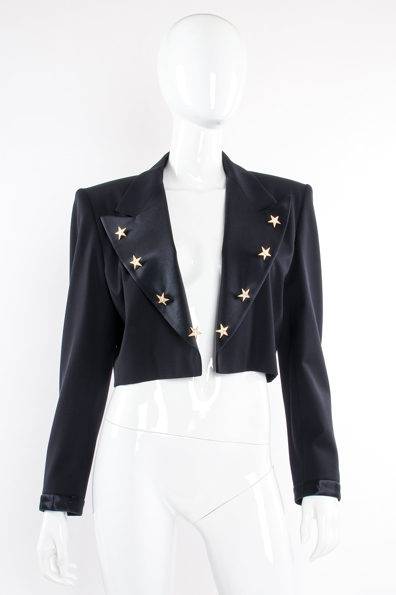 Vintage Escada Starry Cropped Tuxedo Jacket on Mannequin front at Recess Los Angeles