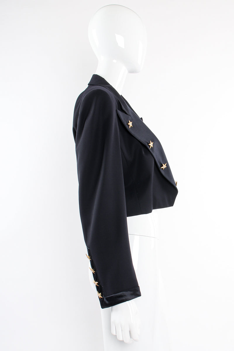 Vintage Escada Starry Cropped Tuxedo Jacket on Mannequin side at Recess Los Angeles