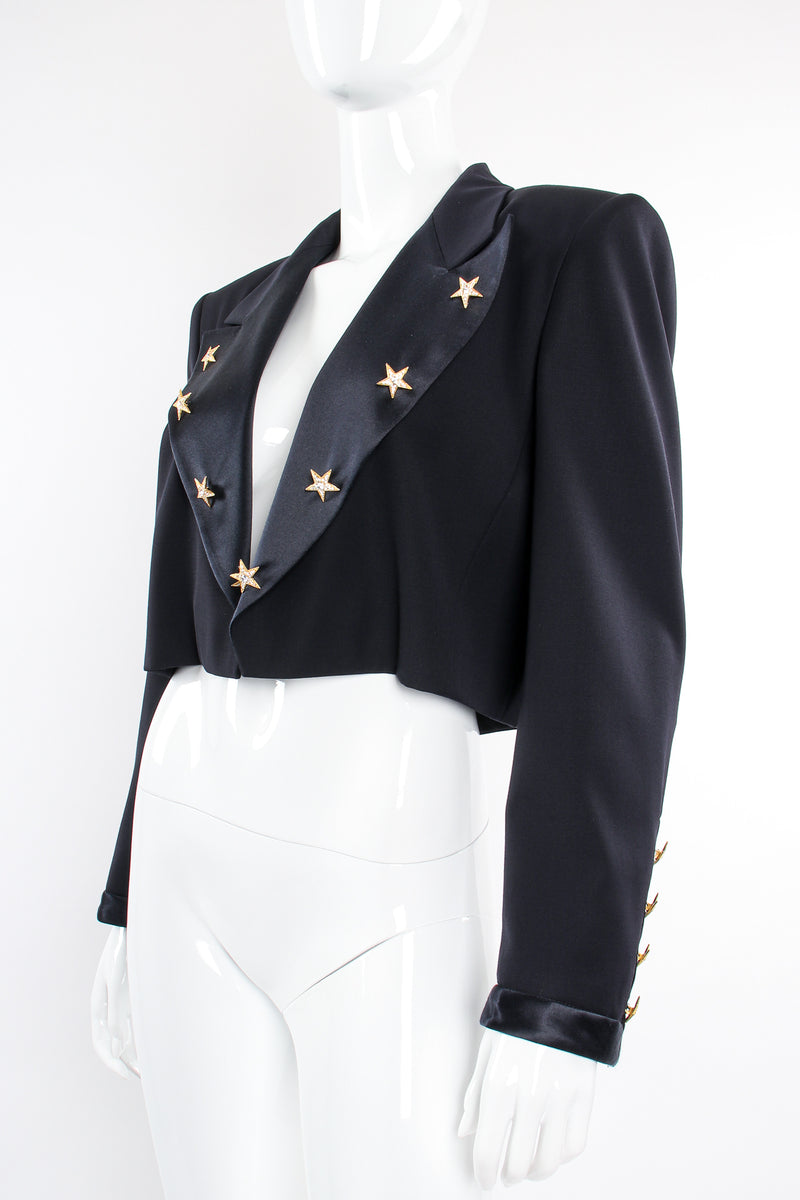 Vintage Escada Starry Cropped Tuxedo Jacket on Mannequin angle crop at Recess Los Angeles