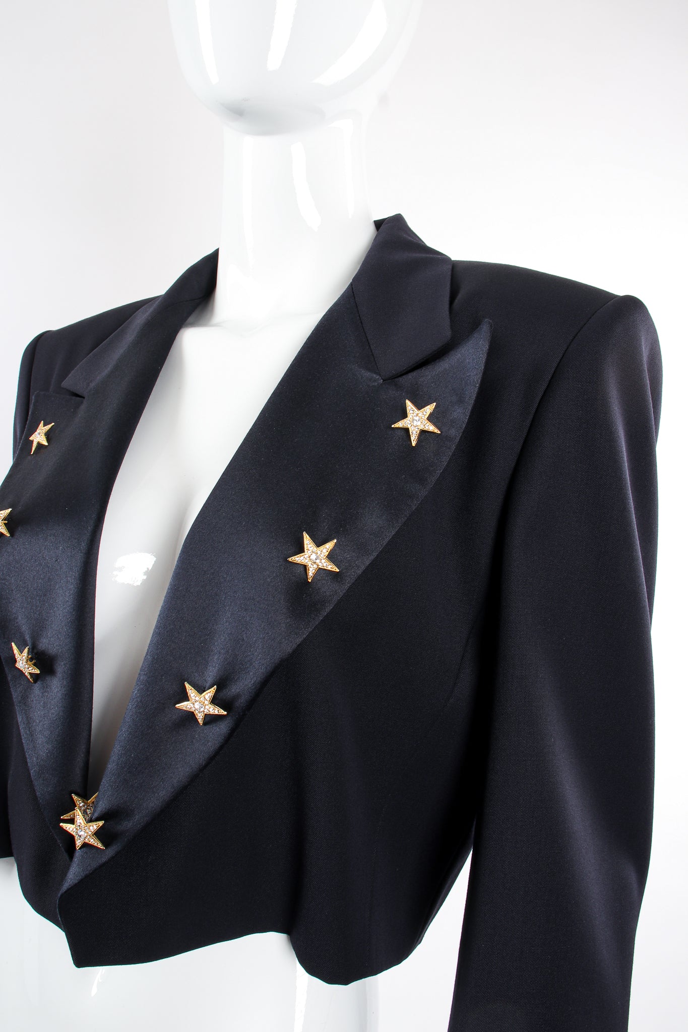 Vintage Escada Starry Cropped Tuxedo Jacket on Mannequin lapel at Recess Los Angeles