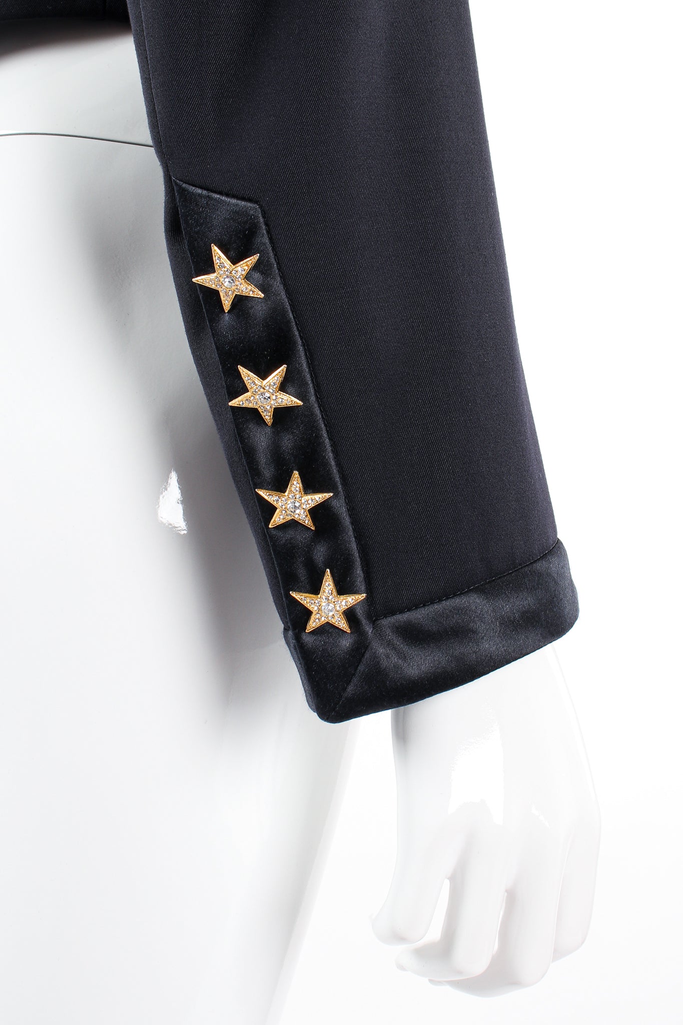 Vintage Escada Starry Cropped Tuxedo Jacket on Mannequin sleeve cuff at Recess Los Angeles