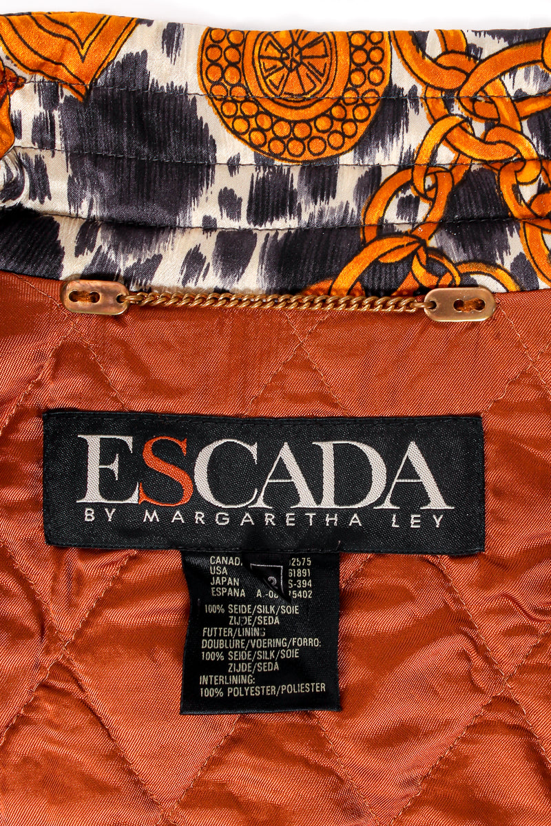 Vintage Escada Dog Hound Bridle Print Silk Bomber Jacket Closeup Label at Recess LA