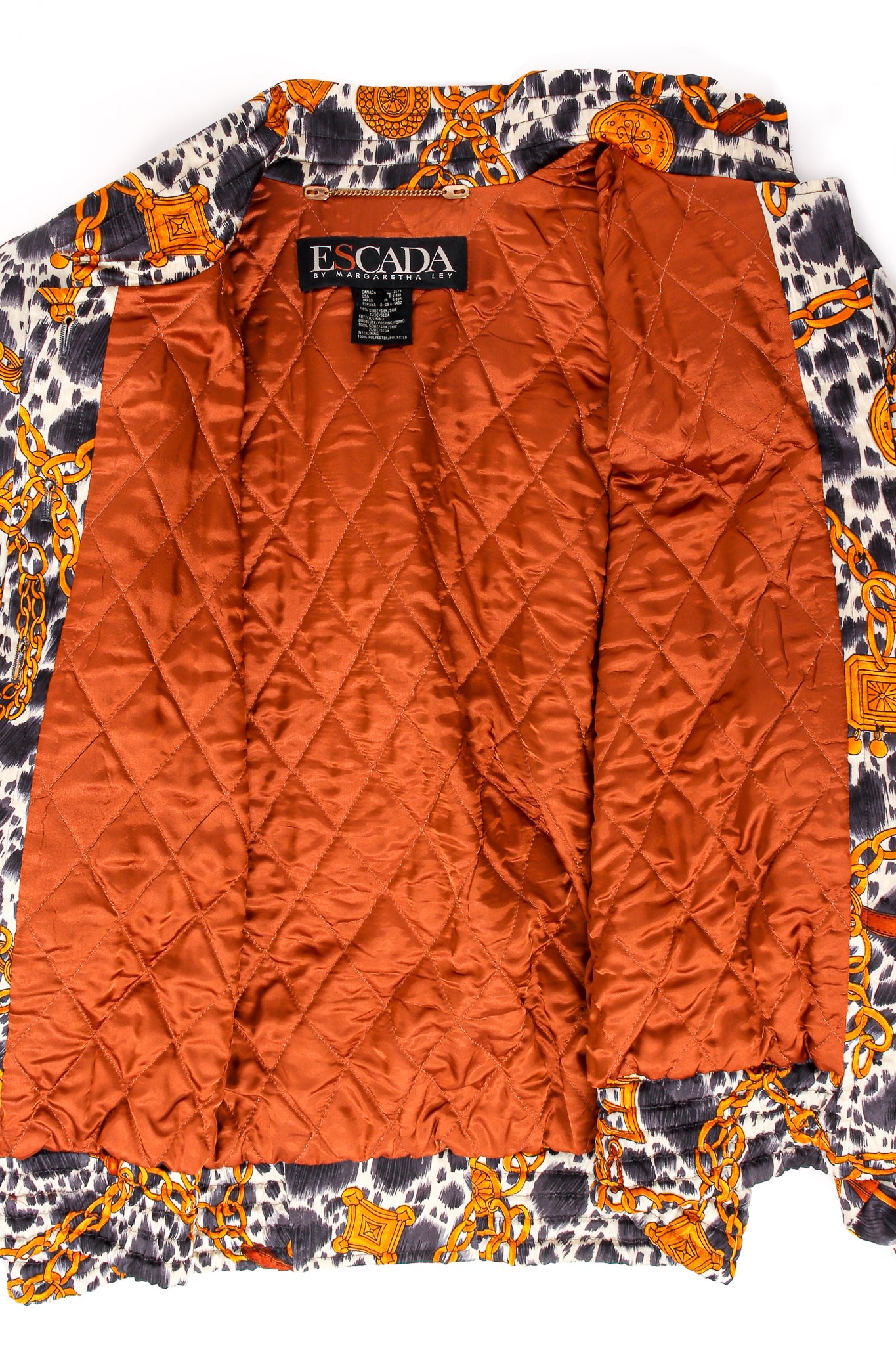 Vintage Escada Dog Hound Bridle Print Silk Bomber Jacket Closeup Lining at Recess LA