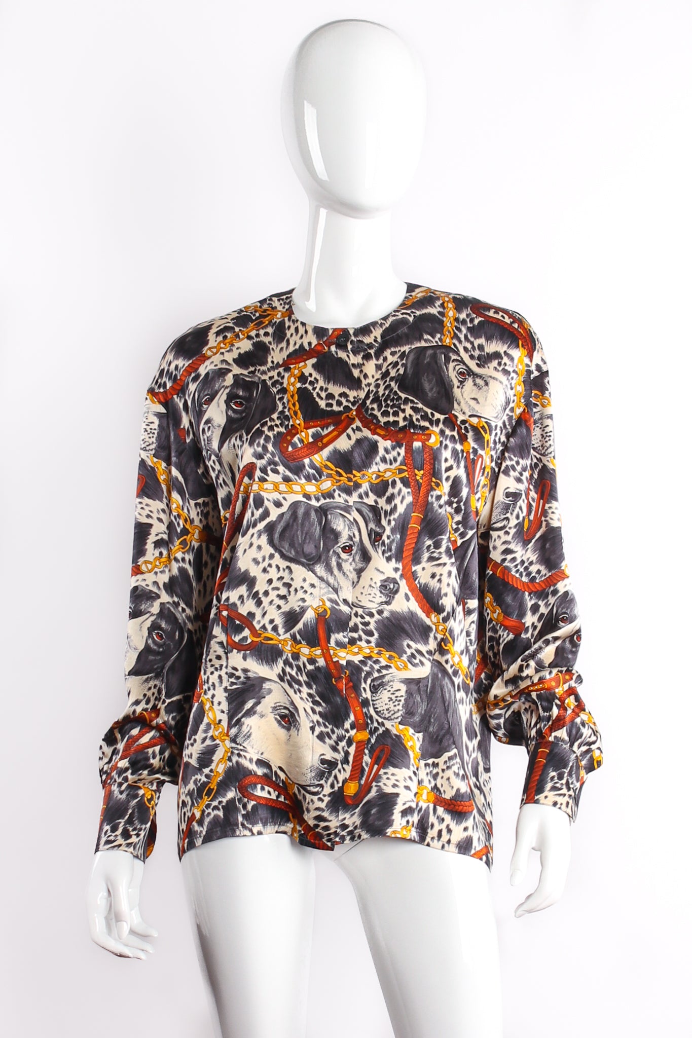 Vintage Escada Dog Hound Bridle Print Silk Blouse on Mannequin Front at Recess LA