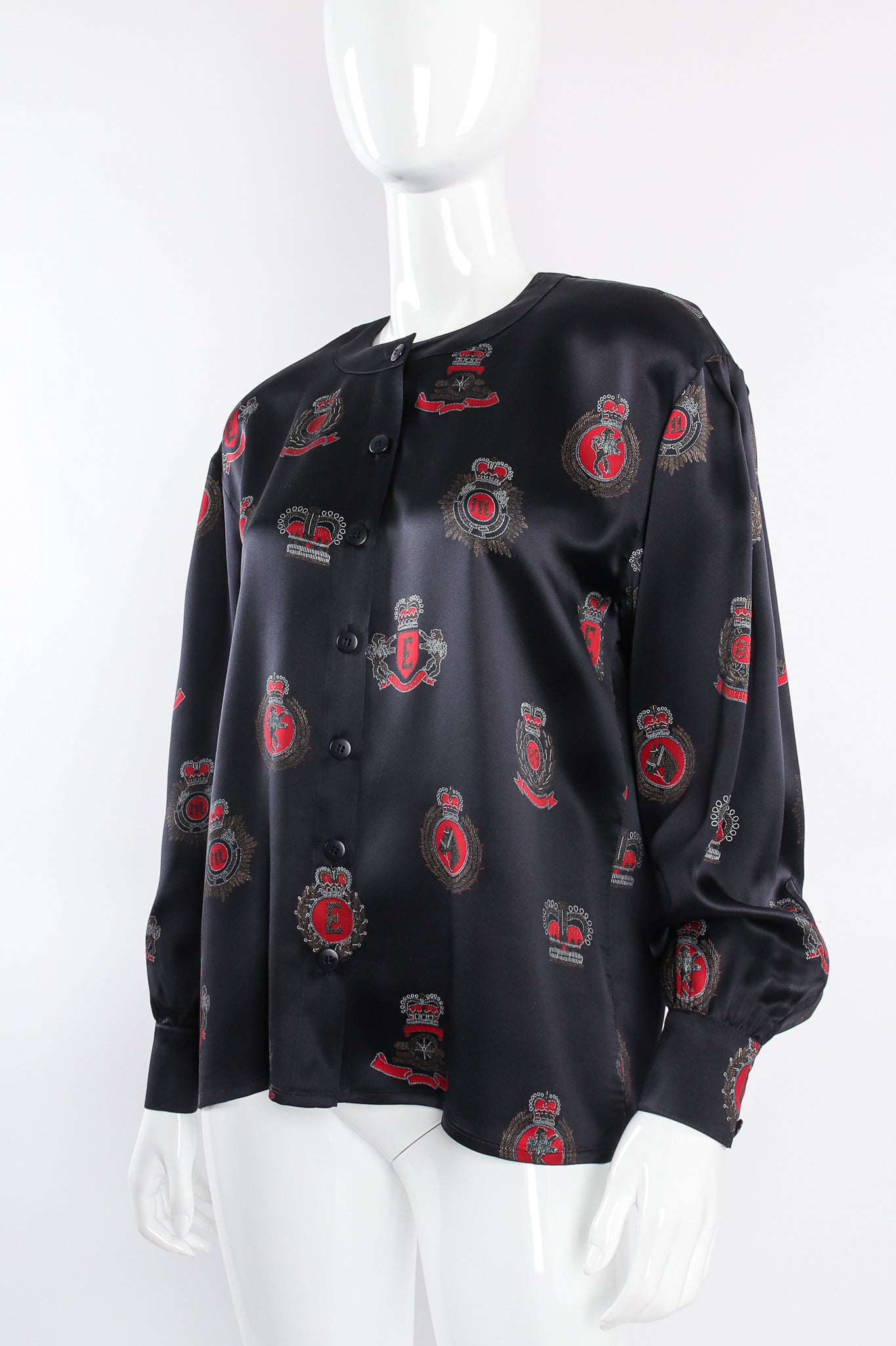 Vintage Escada Emblem Crest Print Blouse on mannequin crop at Recess Los Angeles