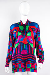 Vintage Escada Expressionist Portrait Print Silk Shirt on Mannequin front at Recess Los Angeles