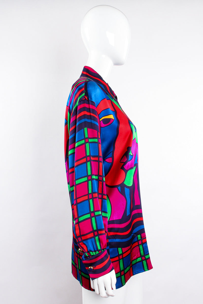 Vintage Escada Expressionist Portrait Print Silk Shirt on Mannequin side at Recess Los Angeles