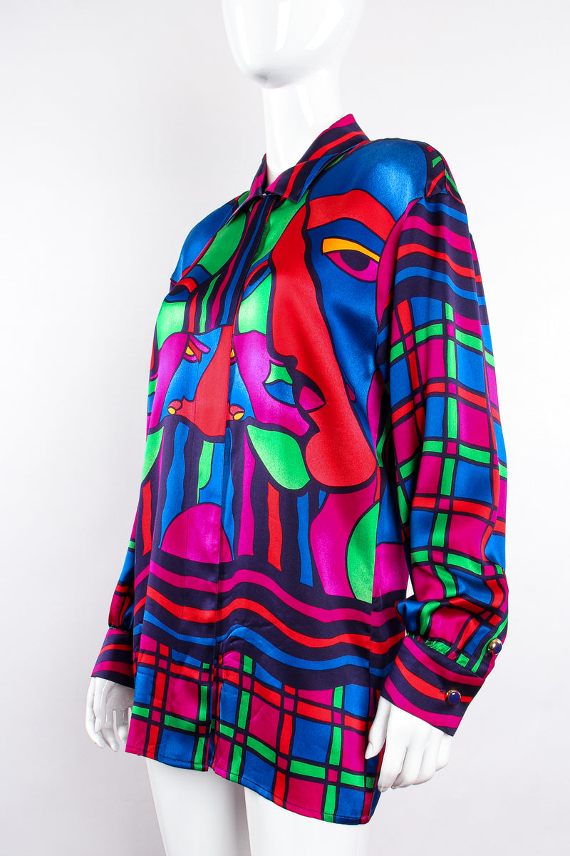 Vintage Escada Expressionist Portrait Print Silk Shirt on Mannequin angle at Recess Los Angeles