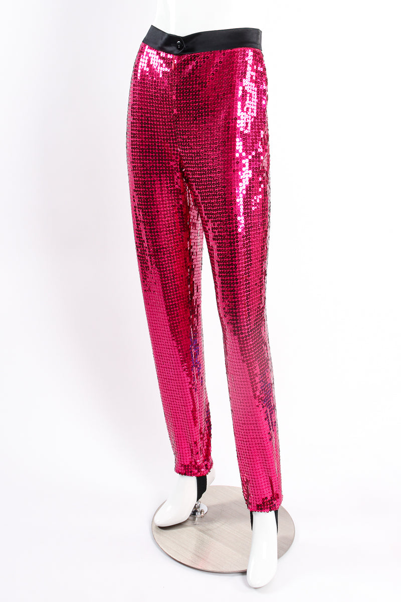Vintage Escada Fuchsia Sequin Stirrup Pant on mannequin angle at Recess Los Angeles