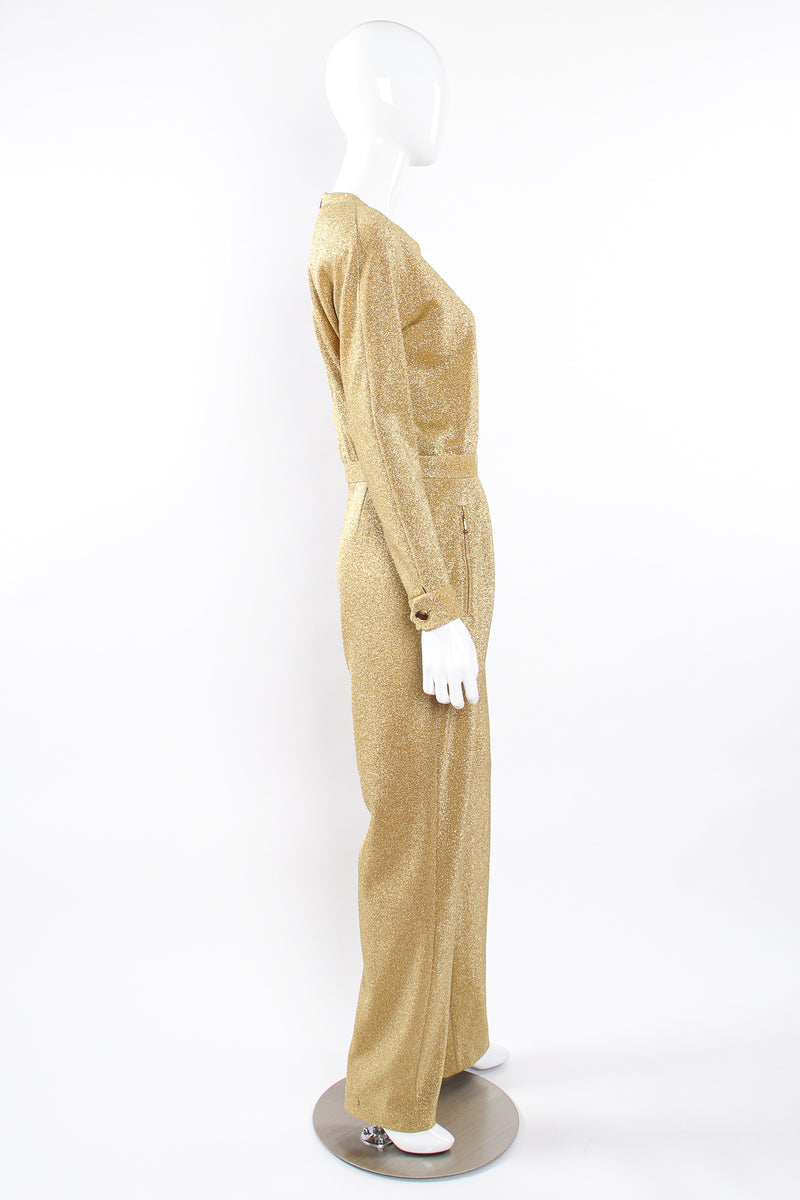 Vintage Escada Metallic Gold Lurex Jumpsuit on Mannequin side at Recess Los Angeles