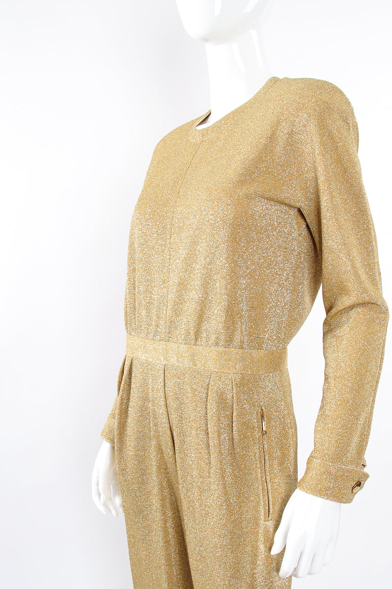 Vintage Escada Metallic Gold Lurex Jumpsuit on Mannequin front crop at Recess Los Angeles