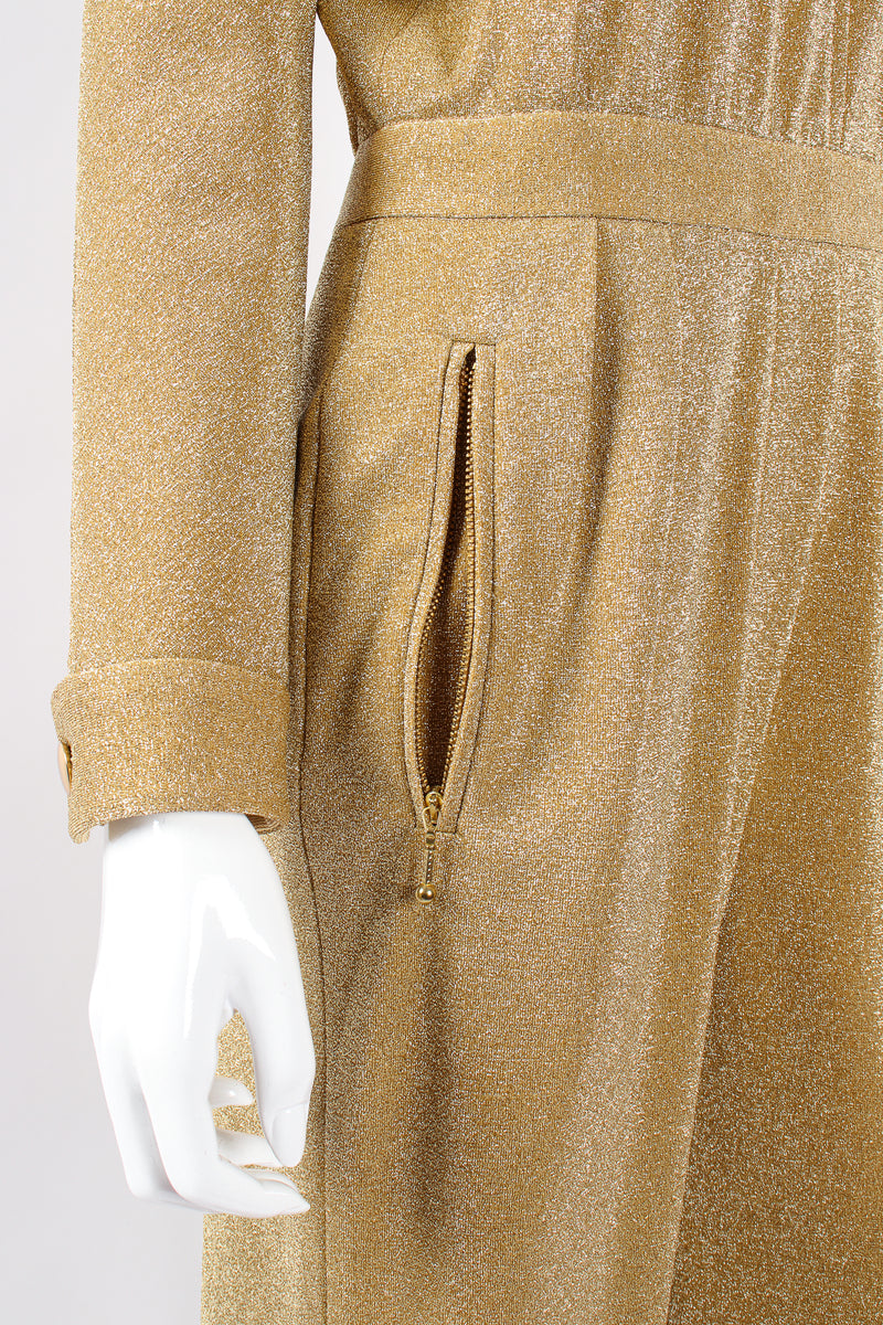 Vintage Escada Metallic Gold Lurex Jumpsuit on Mannequin zip pocket at Recess Los Angeles