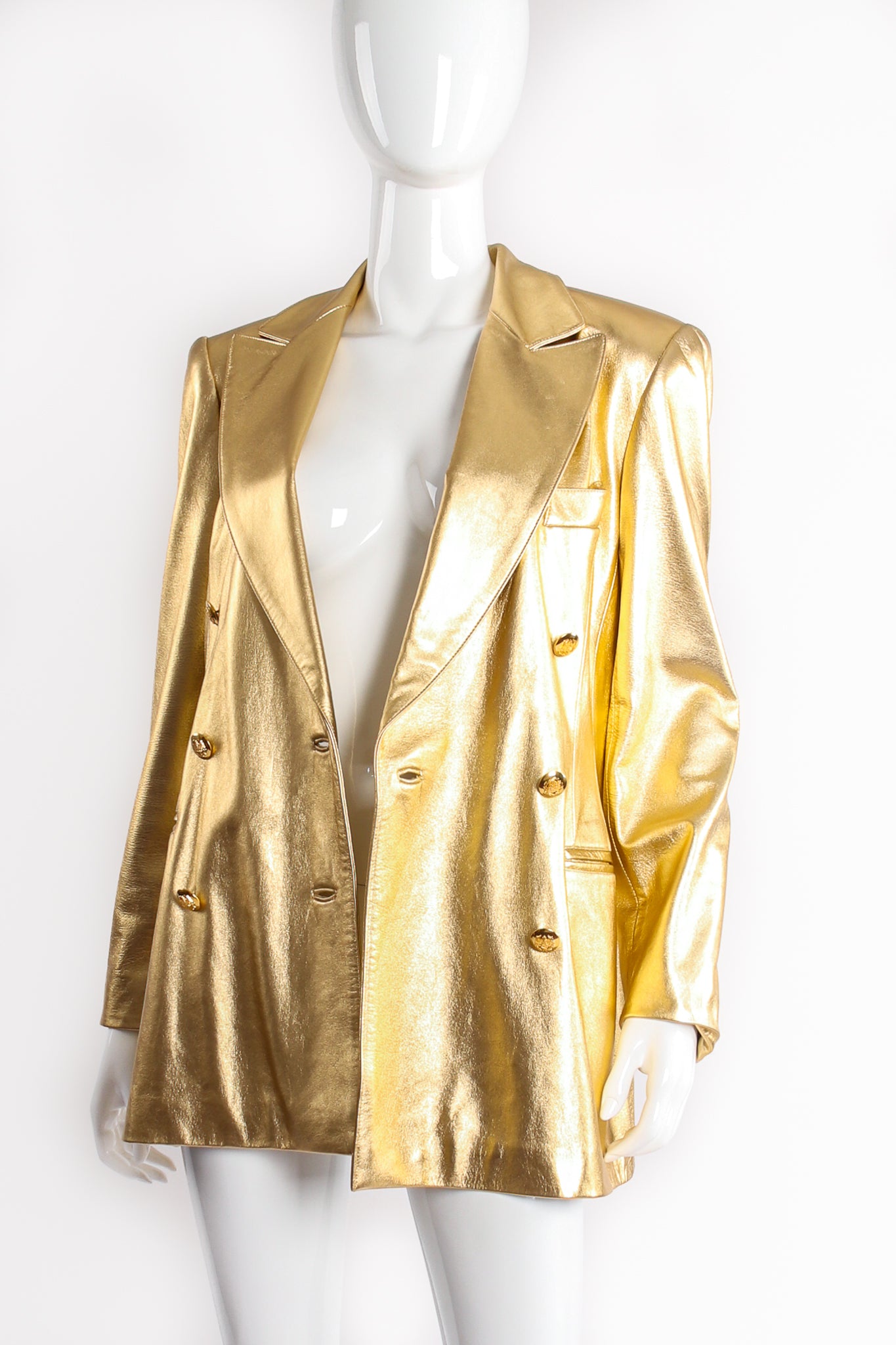 Vintage Escada Gold Leather Double Breasted Jacket on mannequin open at Recess Los Angeles